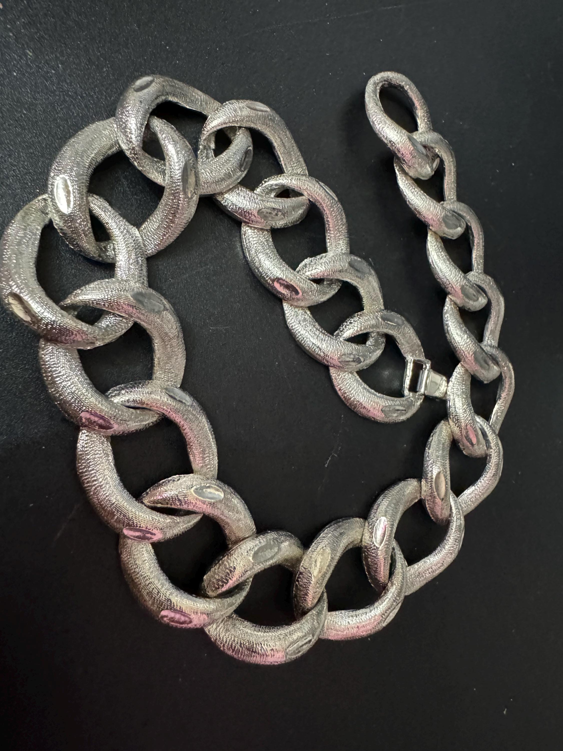Vintage silver tone Wide geometric textured chain Link choker necklace heavy 43cm