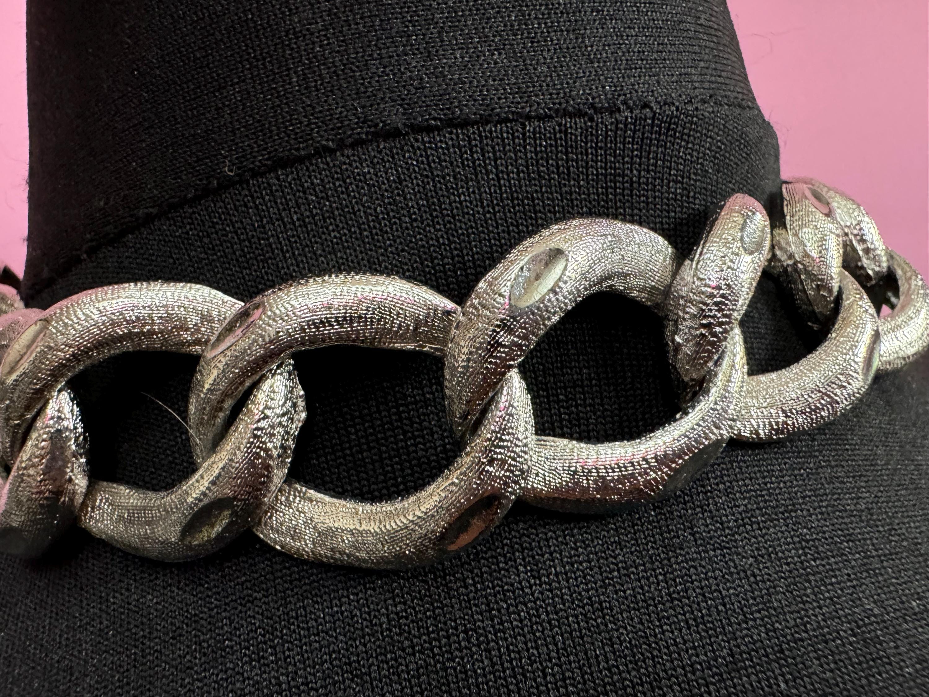 Vintage silver tone Wide geometric textured chain Link choker necklace heavy 43cm