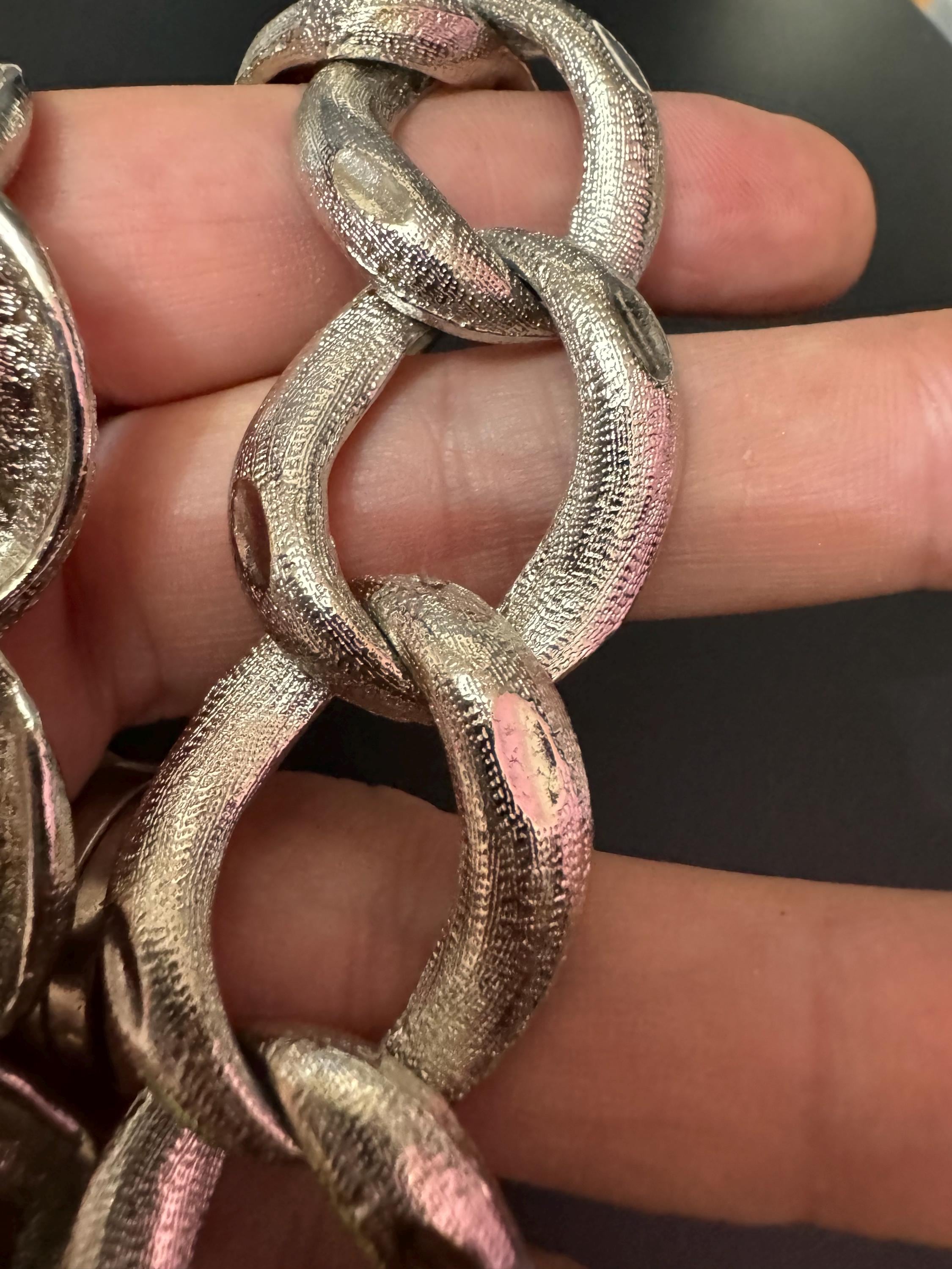 Vintage silver tone Wide geometric textured chain Link choker necklace heavy 43cm