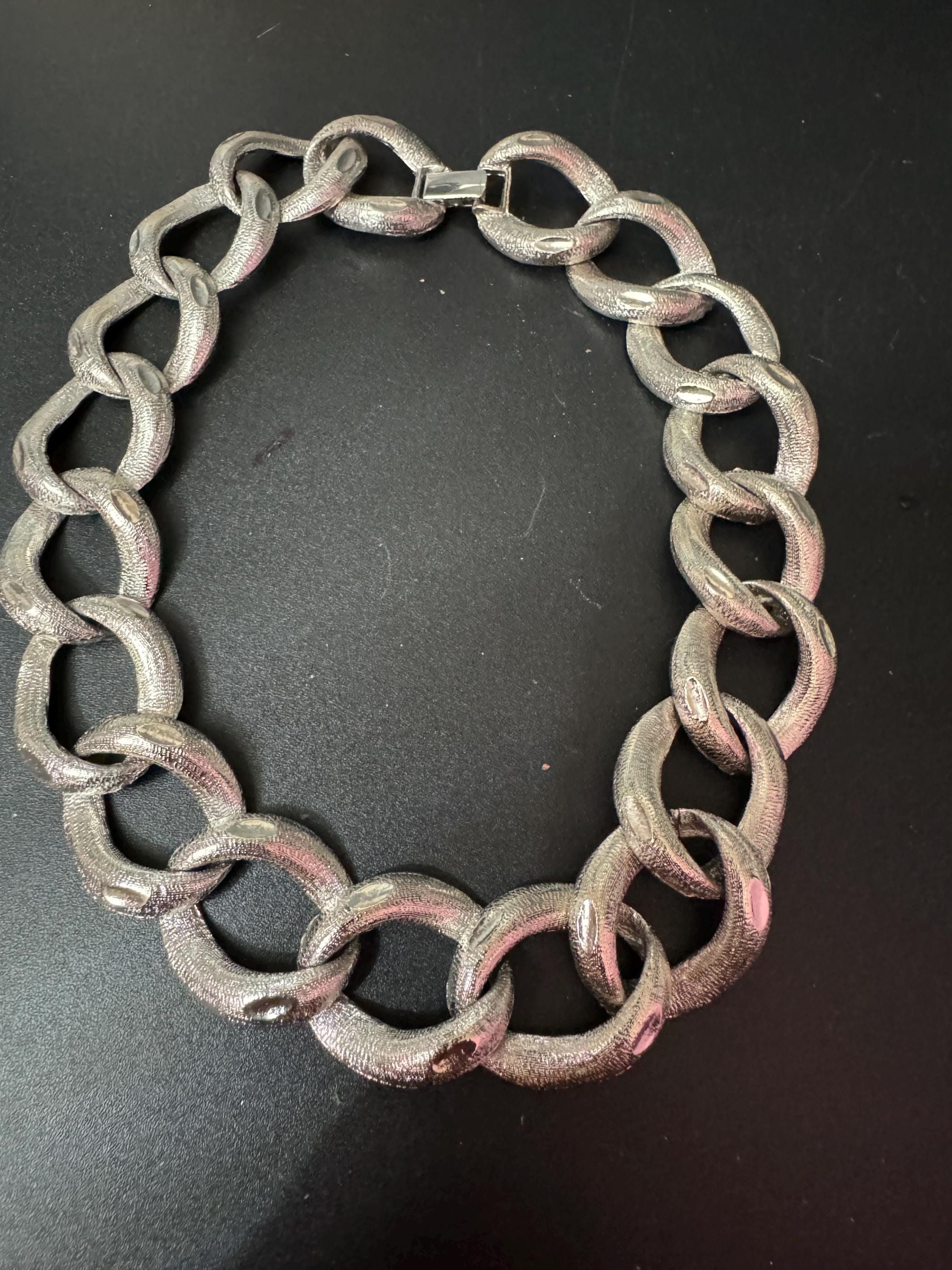 Vintage silver tone Wide geometric textured chain Link choker necklace heavy 43cm