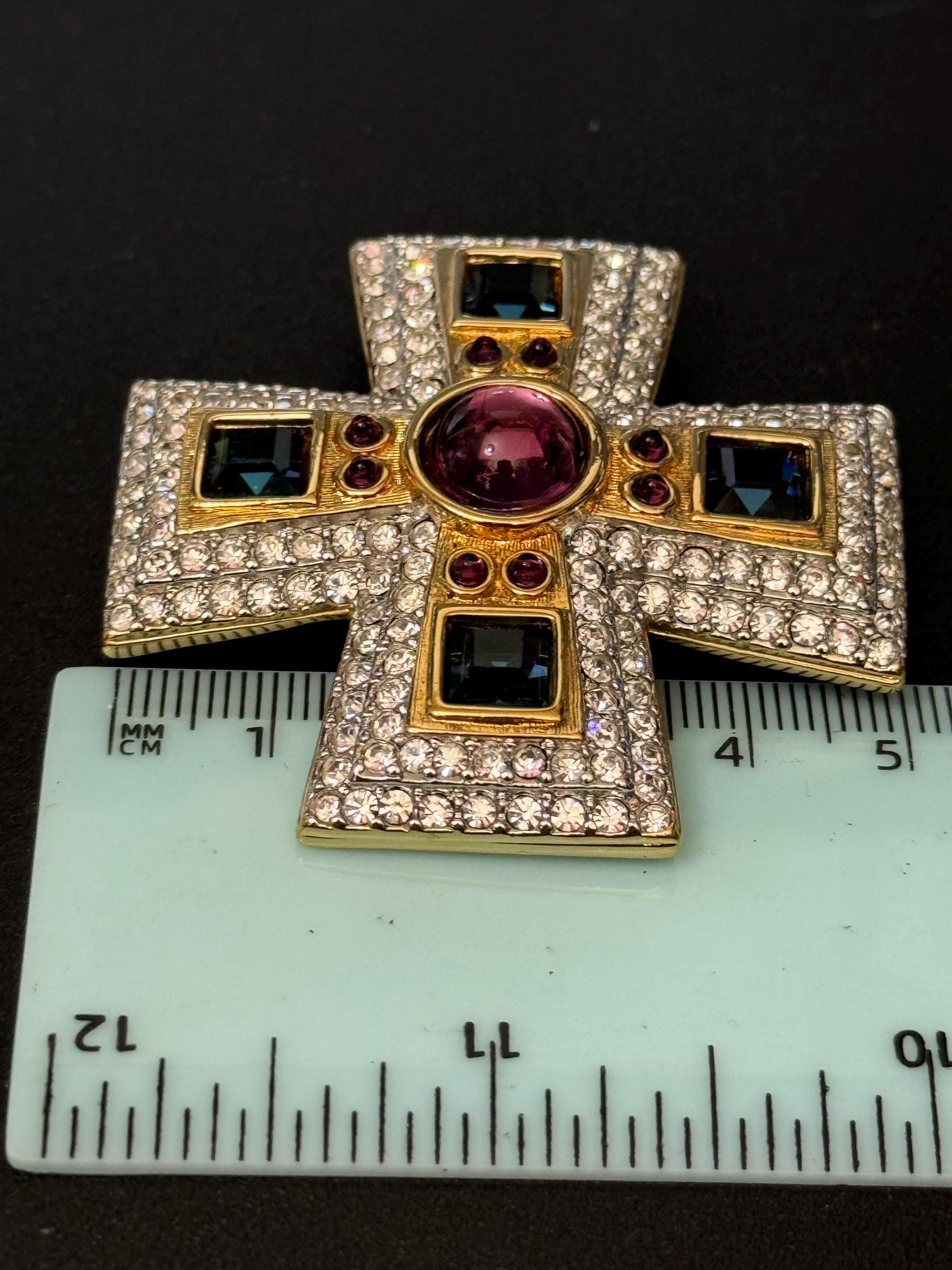 Rare retired Swan signed Swarovski crystal diamanté gold tone large Maltese cross brooch green purple clear stones