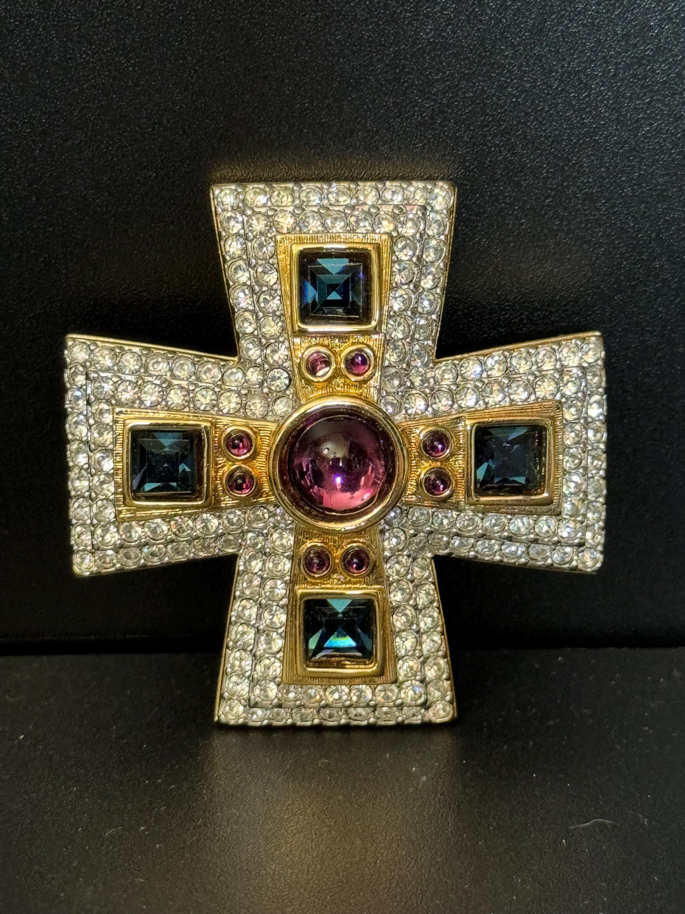 Rare retired Swan signed Swarovski crystal diamanté gold tone large Maltese cross brooch green purple clear stones