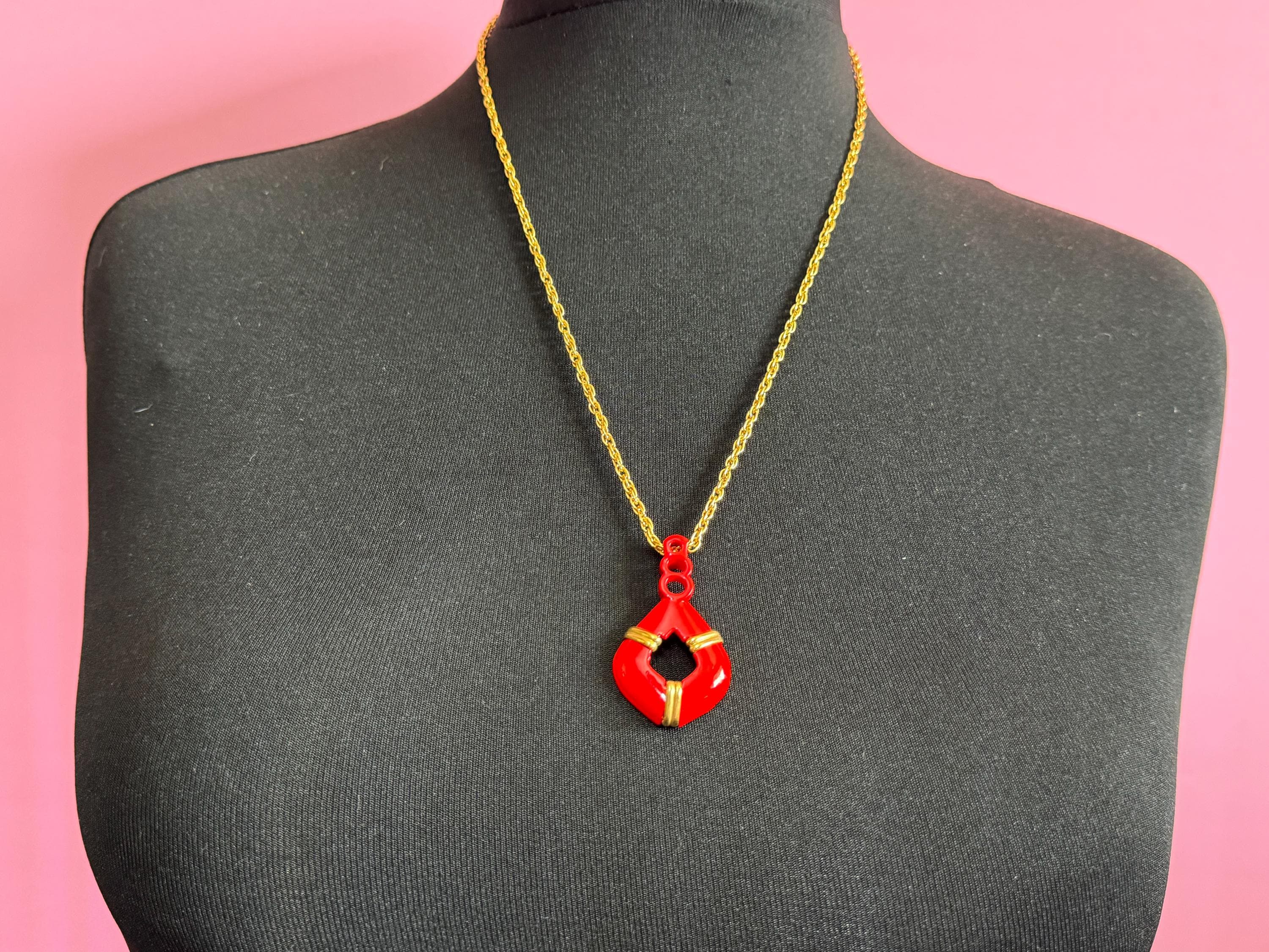 True Vintage bright red enamel nautical pendant necklace on 62cm gold plated rope chain ideal layering necklace old shop stock