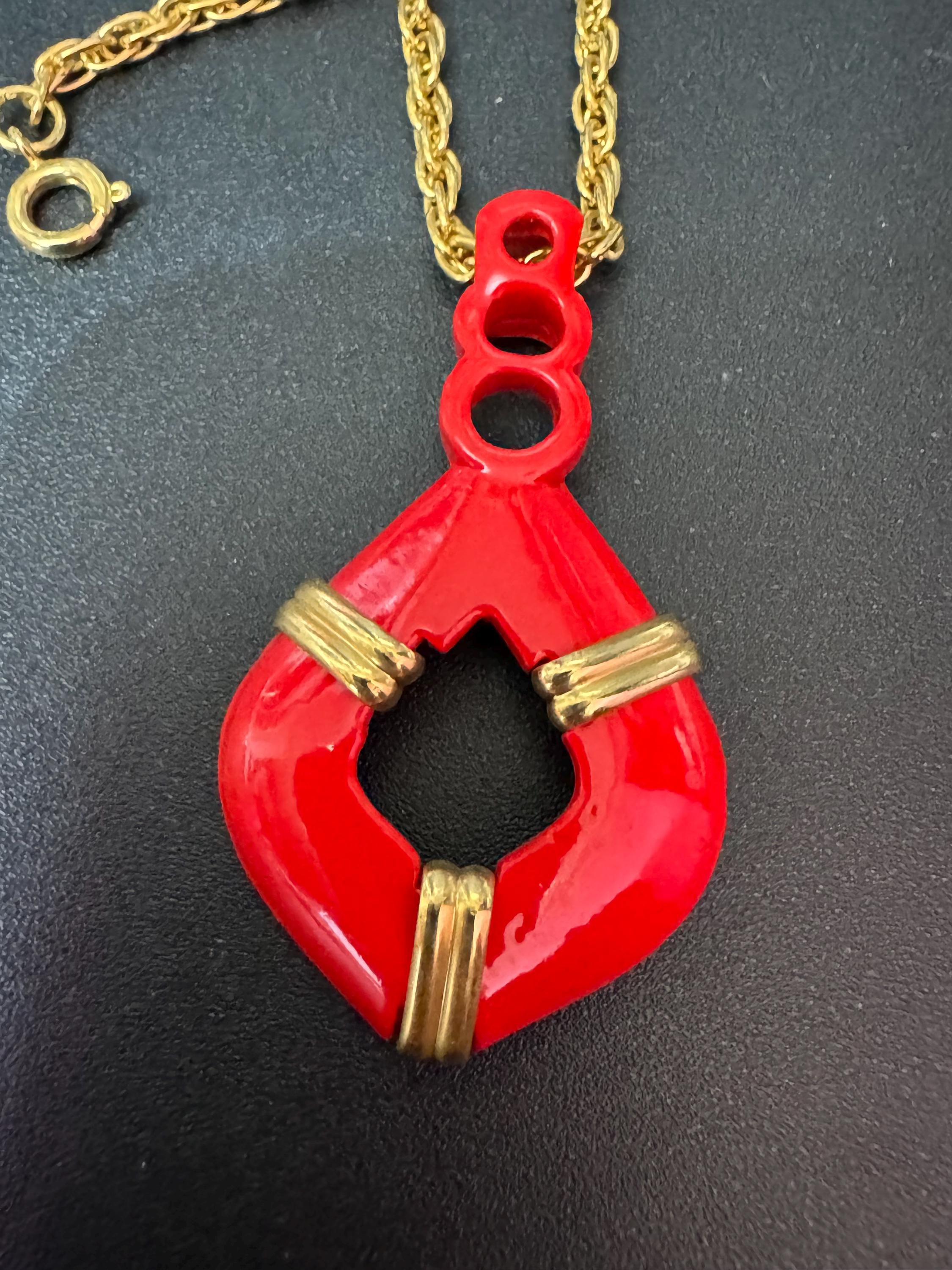 True Vintage bright red enamel nautical pendant necklace on 62cm gold plated rope chain ideal layering necklace old shop stock