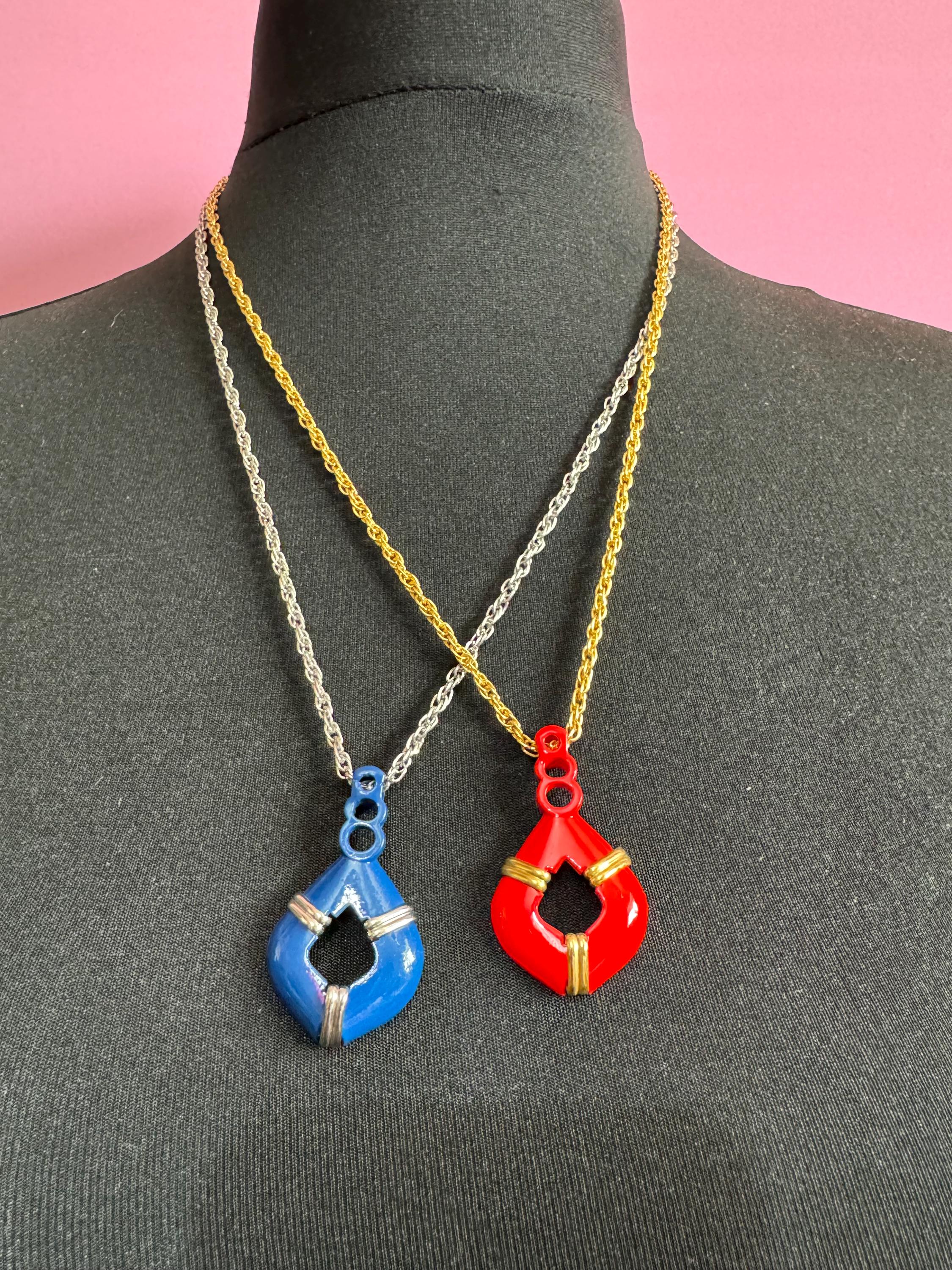 True Vintage bright red enamel nautical pendant necklace on 62cm gold plated rope chain ideal layering necklace old shop stock