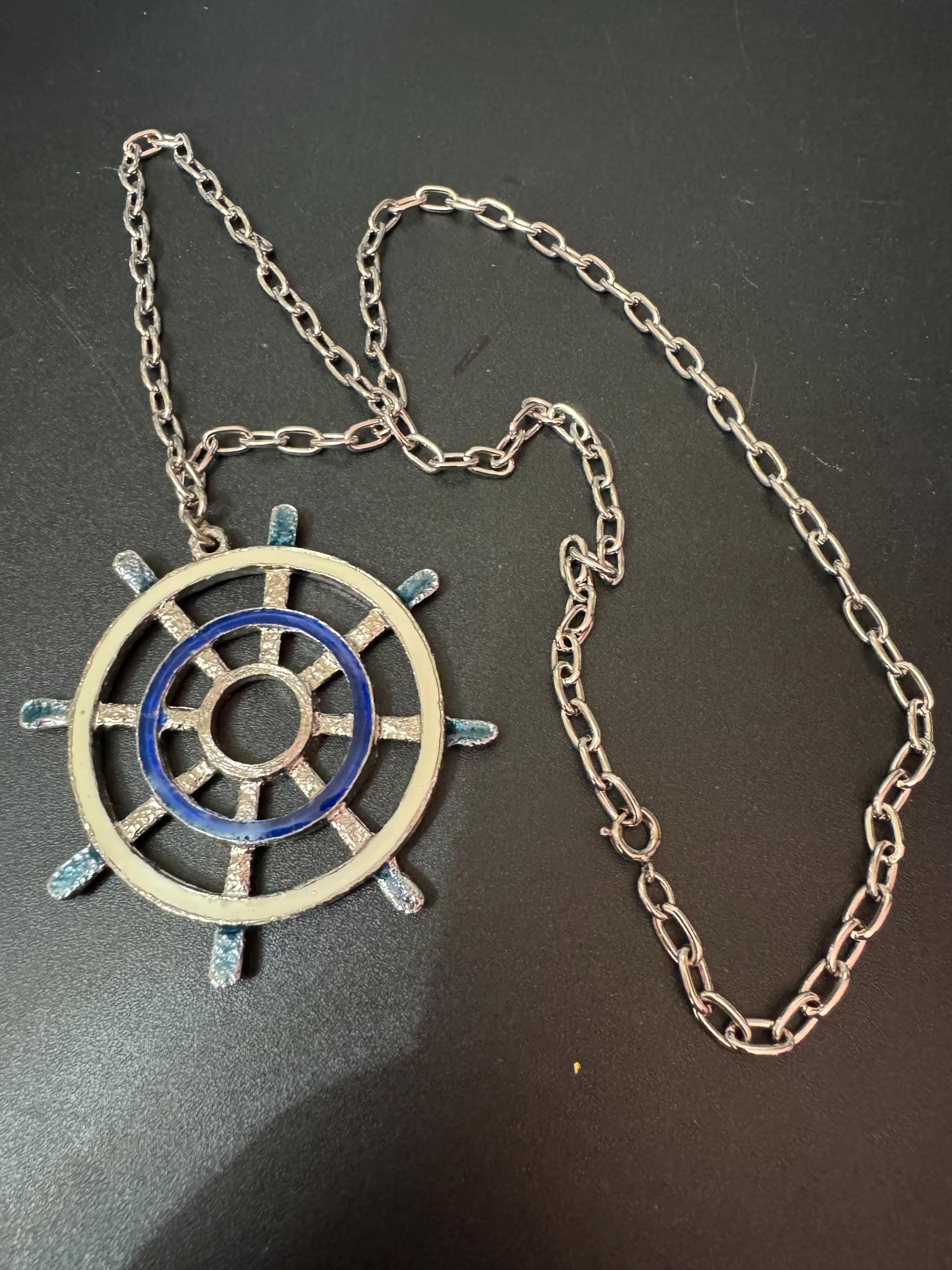 True Vintage navy blue and cream ships wheel nautical pendant necklace on 60cm silver tone cable chain ideal layering necklace