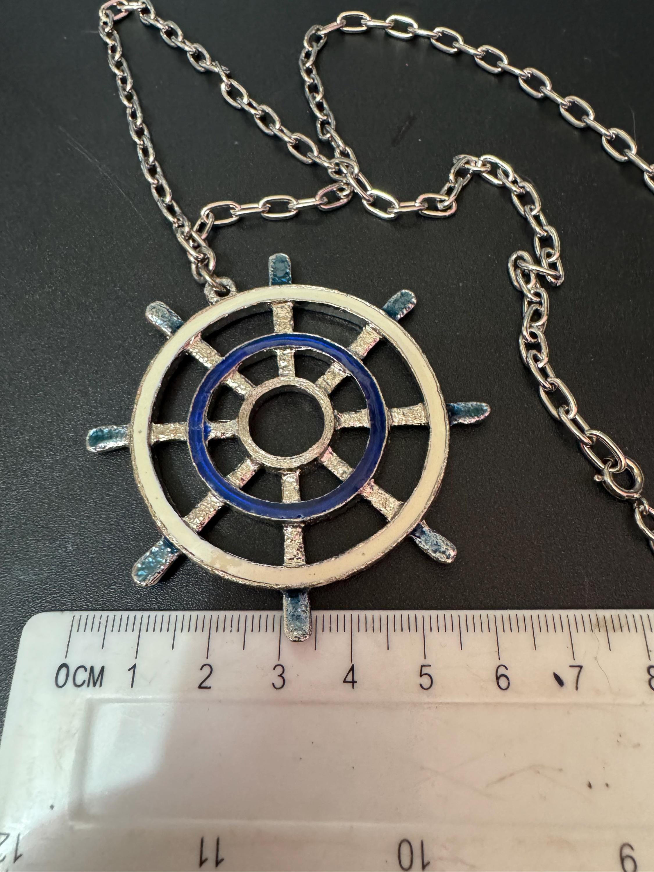 True Vintage navy blue and cream ships wheel nautical pendant necklace on 60cm silver tone cable chain ideal layering necklace
