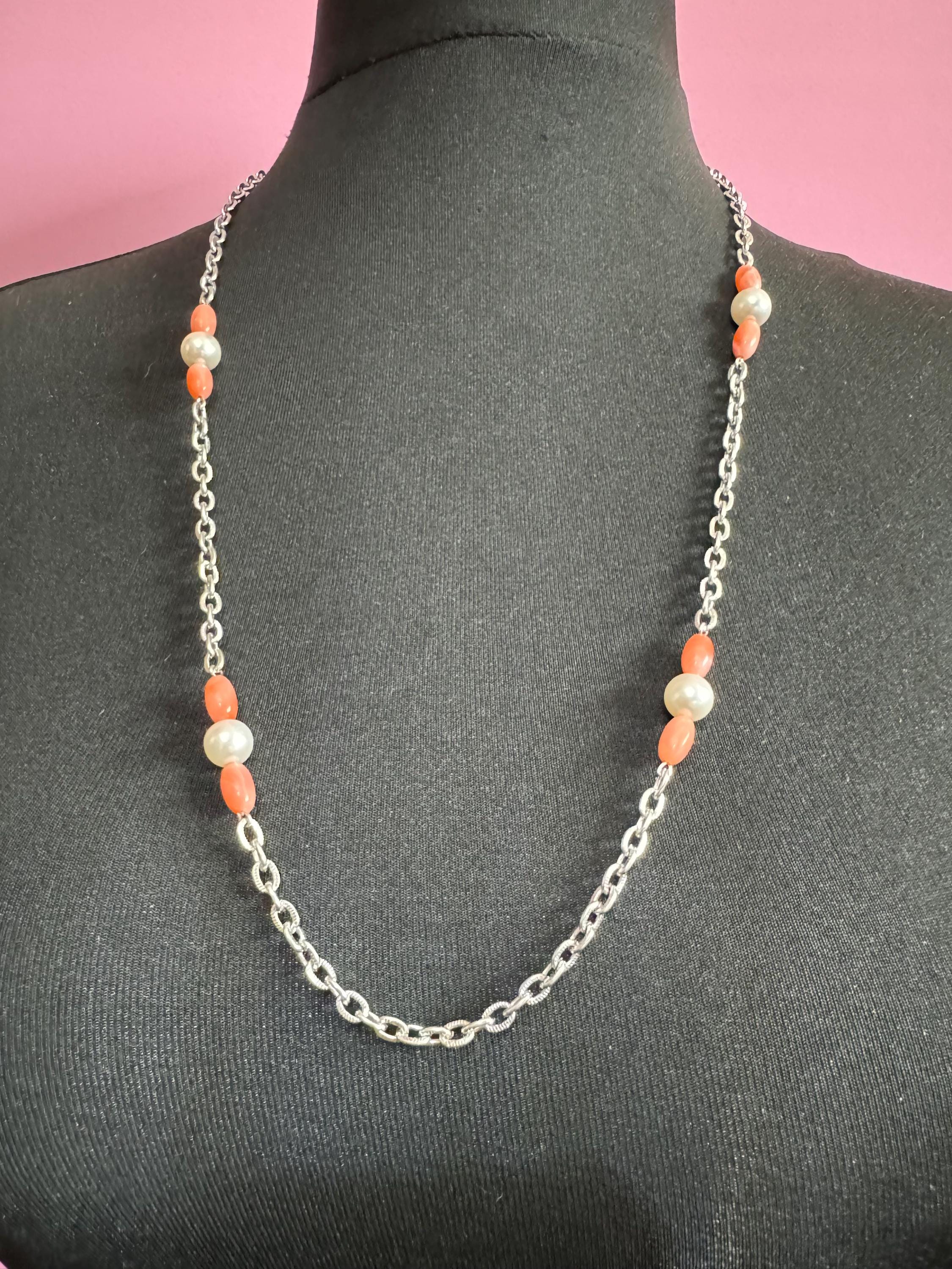 true vintage 70s 76cm silver tone nautical cable link faux pearl plastic coral beaded station necklace layering chain
