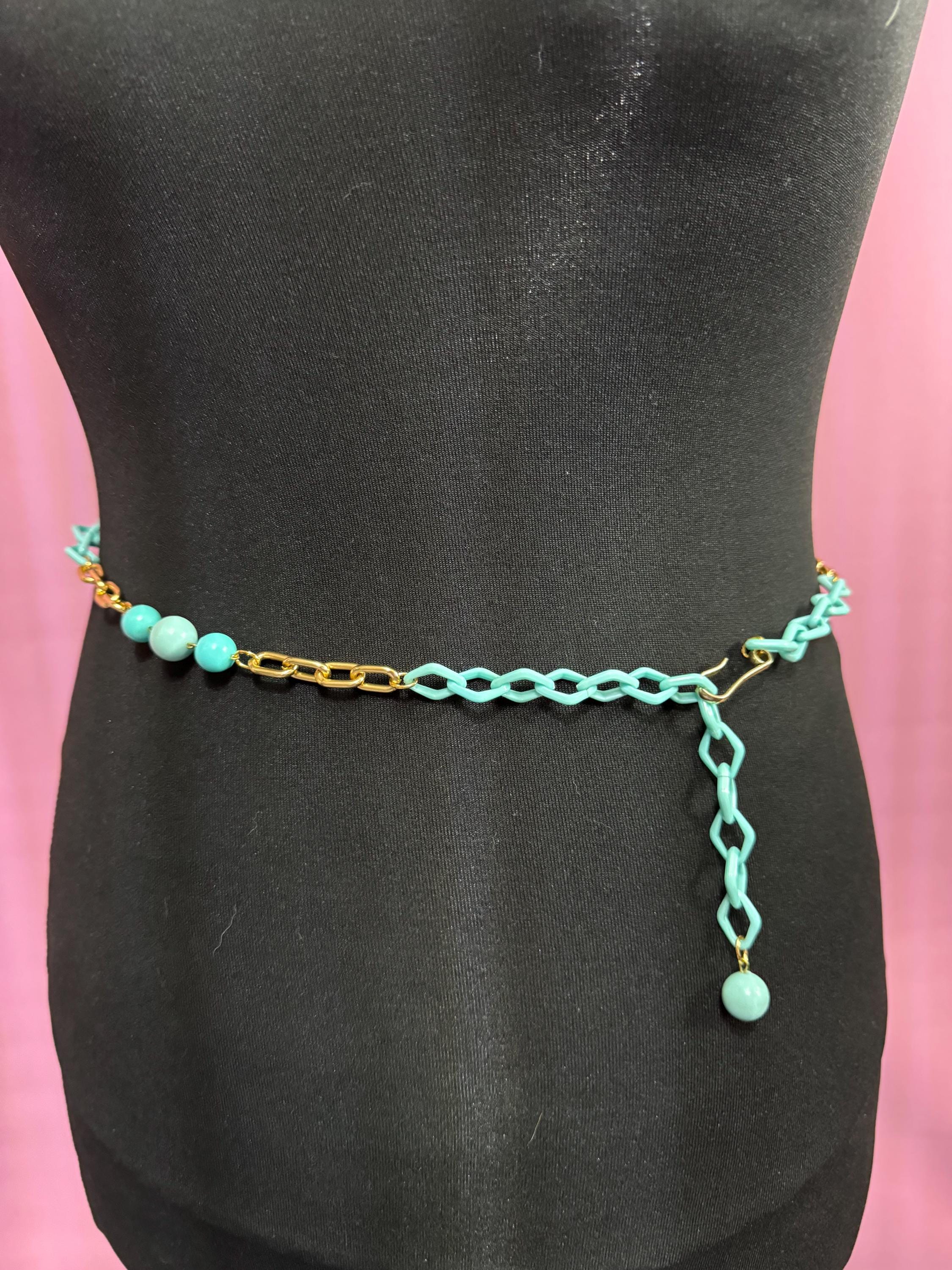 Size to 94cmVintage 1960s 1970s Kitsch turquoise Plastic beaded Adjustable chain Link Ladies Belt mid century