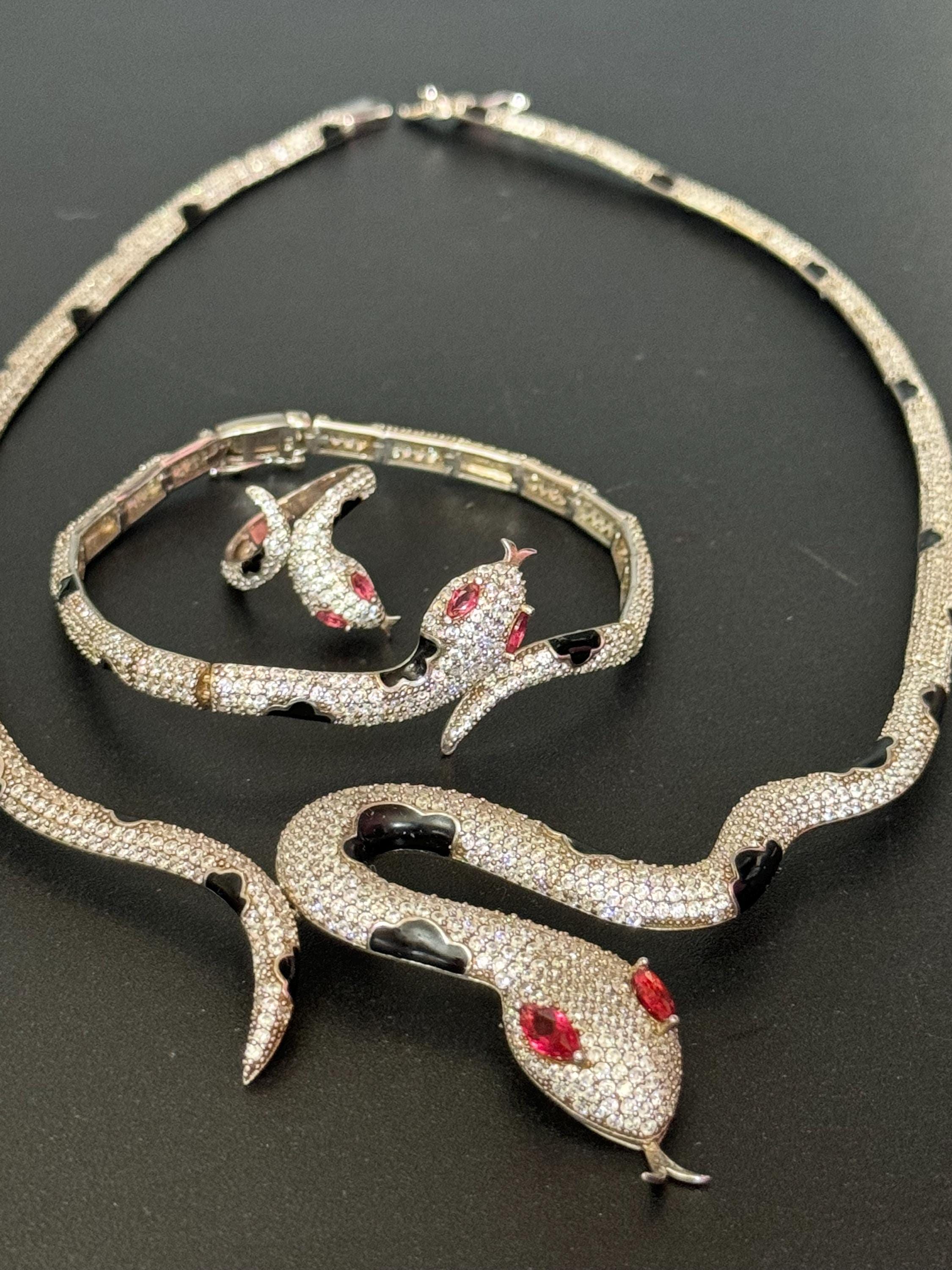 925 sterling silver rhinestone and enamel snake necklace bracelet earrings and ring jewellery set