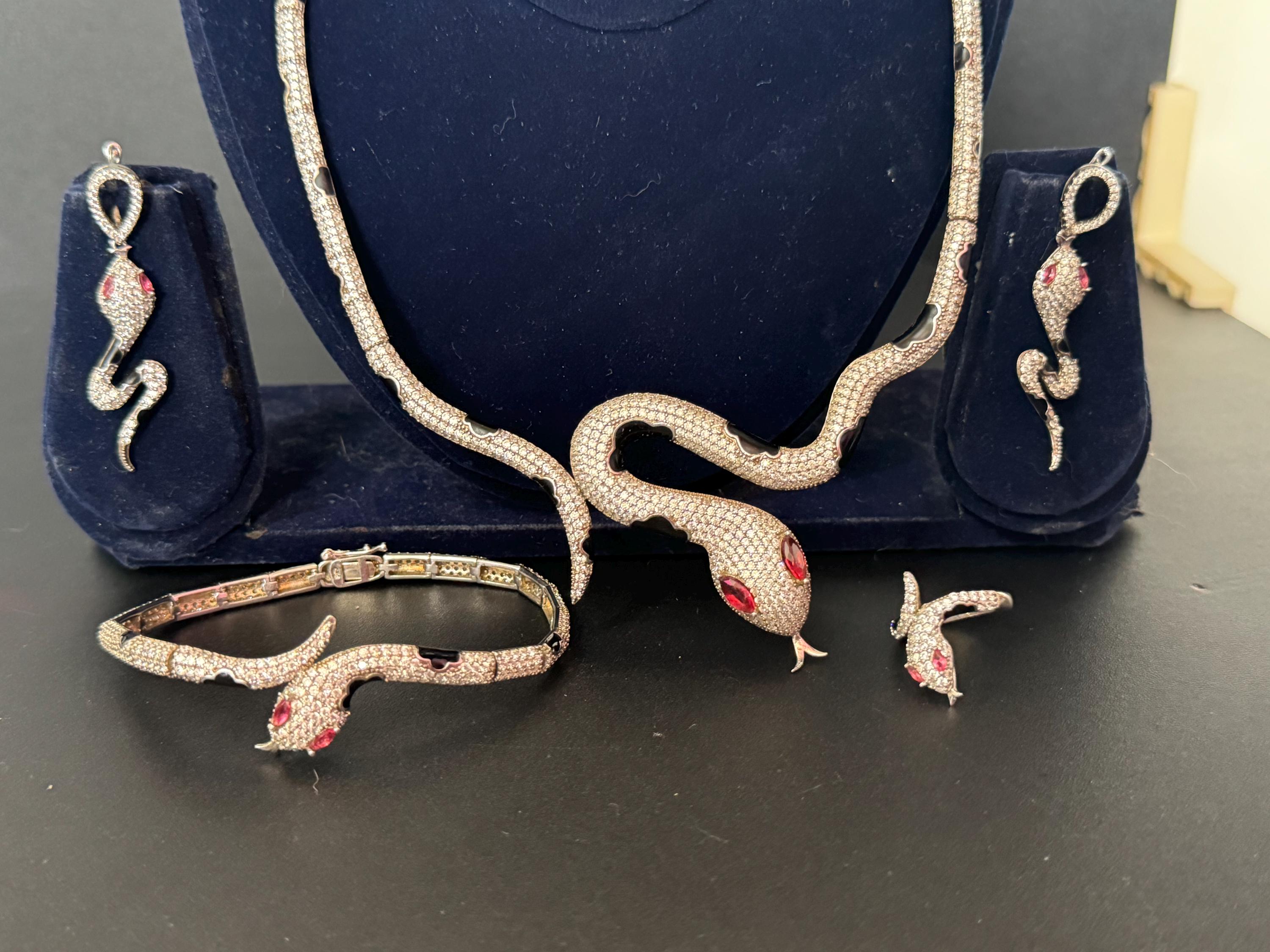 925 sterling silver rhinestone and enamel snake necklace bracelet earrings and ring jewellery set