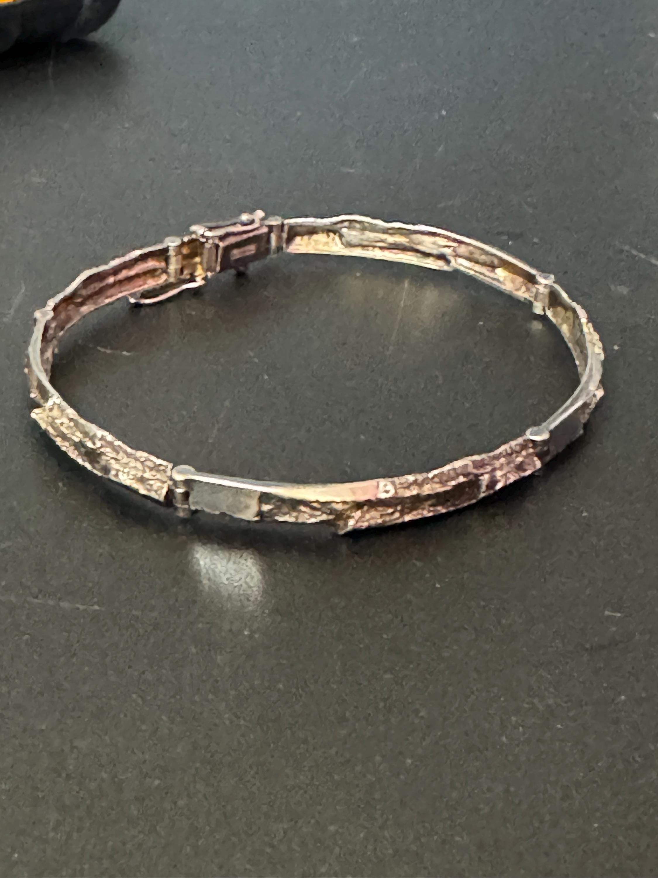 Retro 1970s 925 sterling silver textured modernist BARK hinged panel bracelet vintage 9.2 grams 18cm