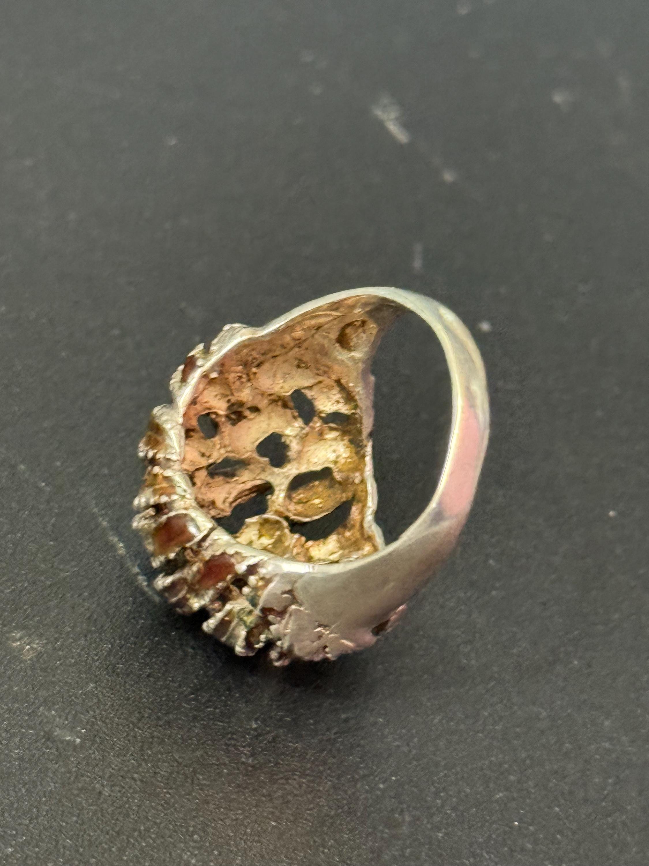 SIZE N sterling silver 925 brown enamel modernist brutalist bark ring 6.5 grams