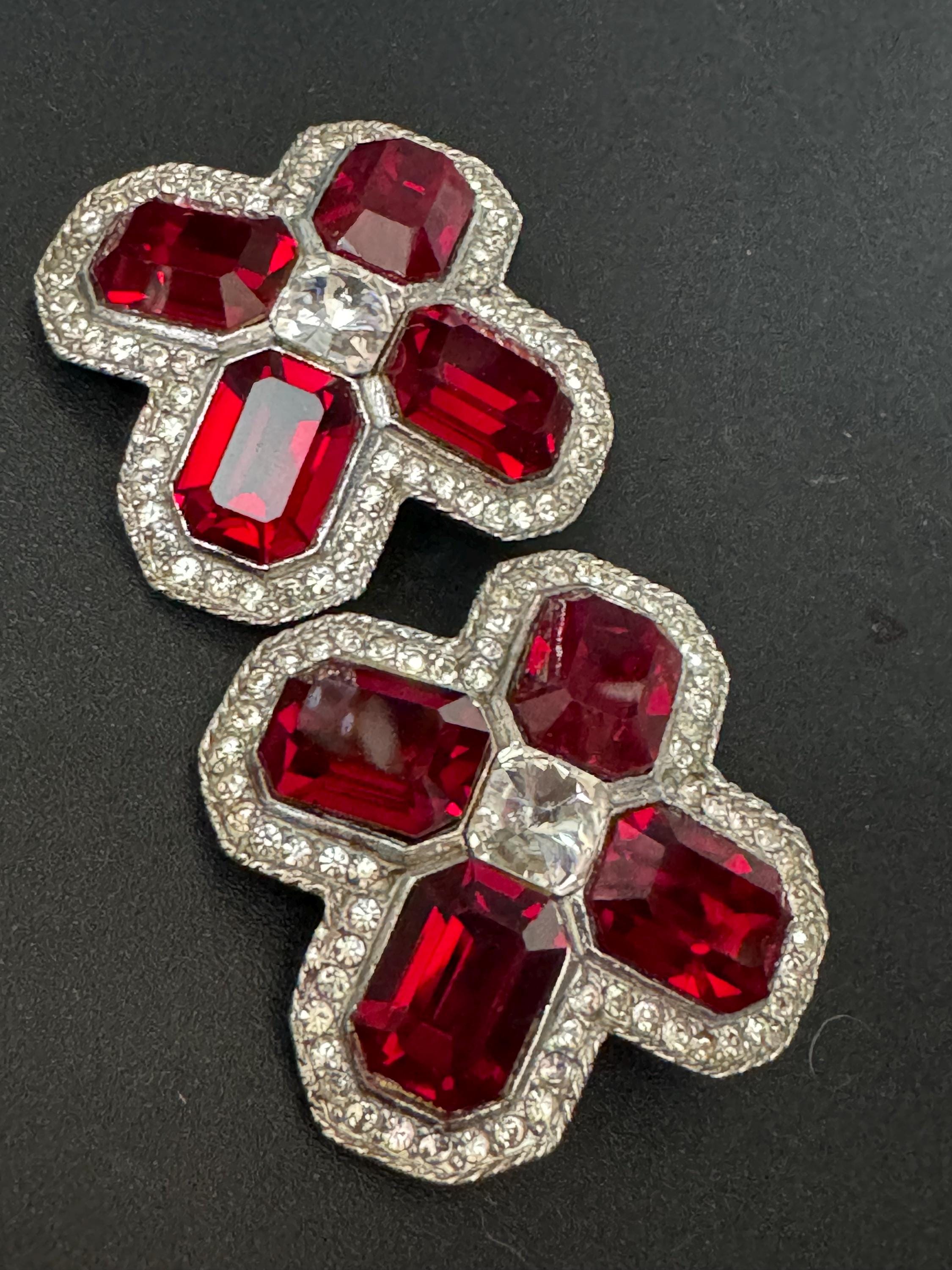 vintage oversized 4cm silver tone bright ruby red and clear Swarovski crystal cross earrings 1980s high end old shop stock