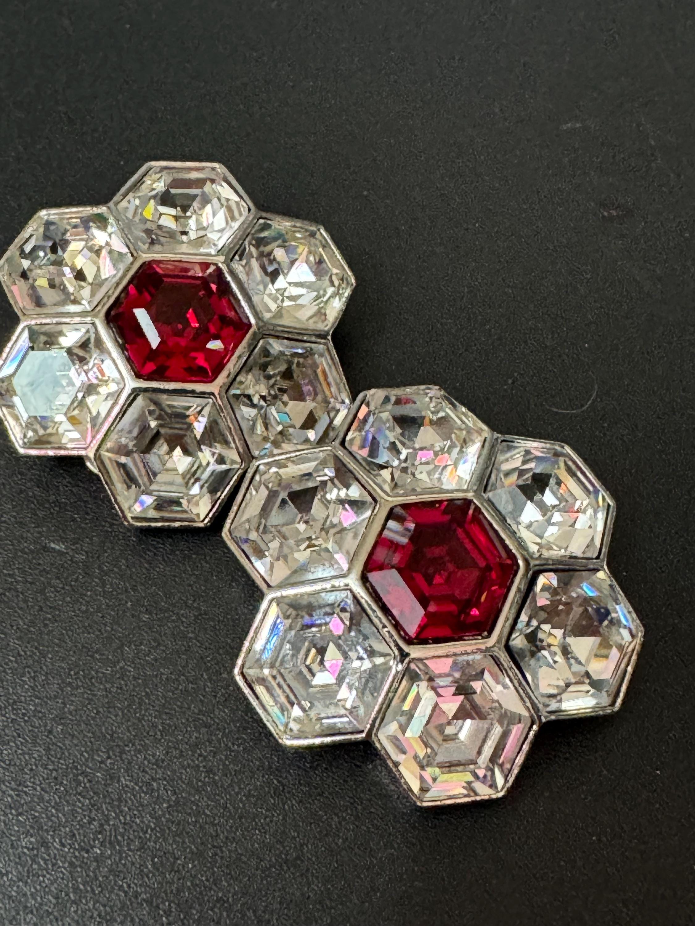 vintage oversized 4cm silver tone ruby red  and clear Swarovski crystal hexagon earrings 1980s high end old shop stock