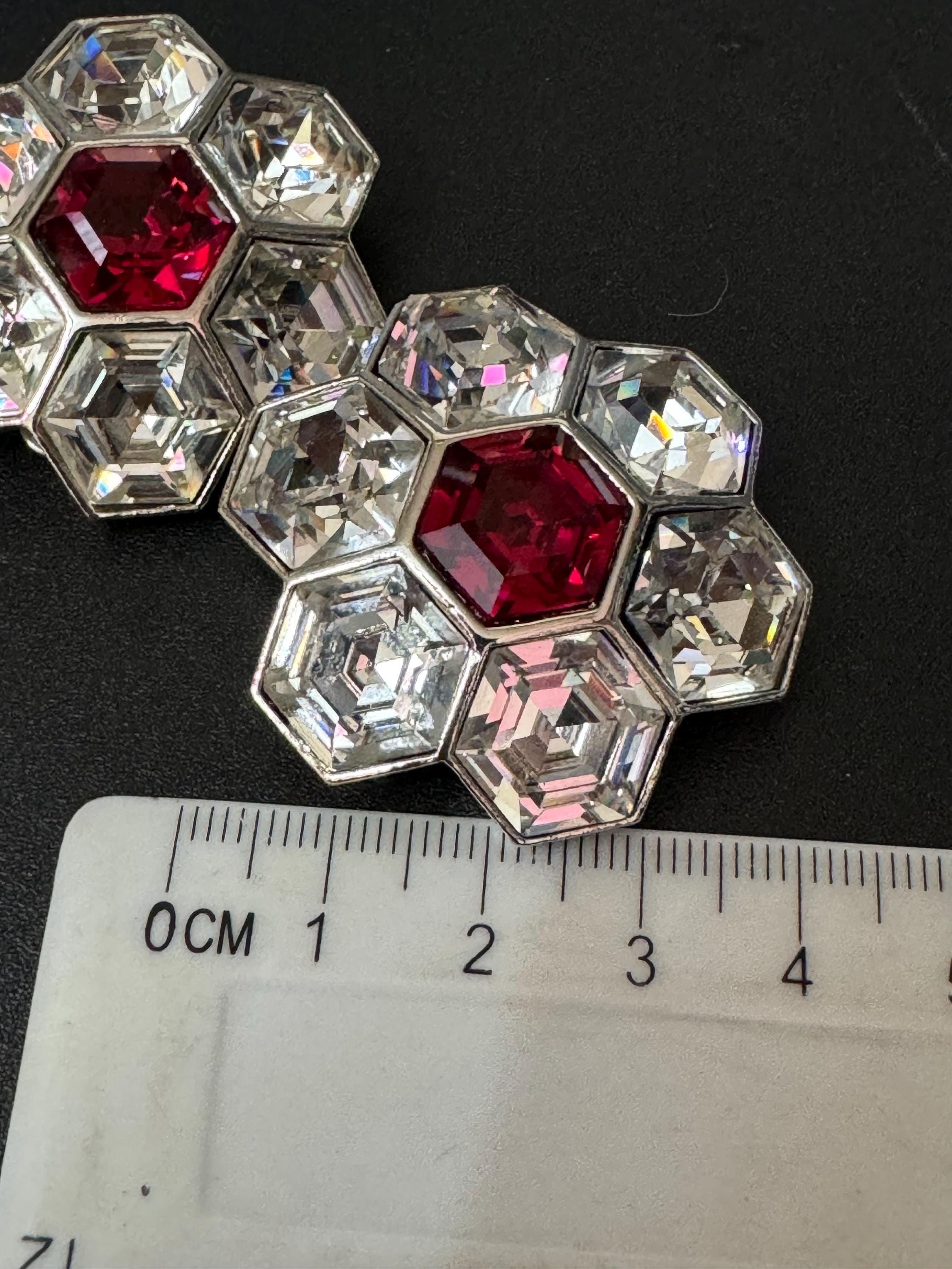 vintage oversized 4cm silver tone ruby red  and clear Swarovski crystal hexagon earrings 1980s high end old shop stock