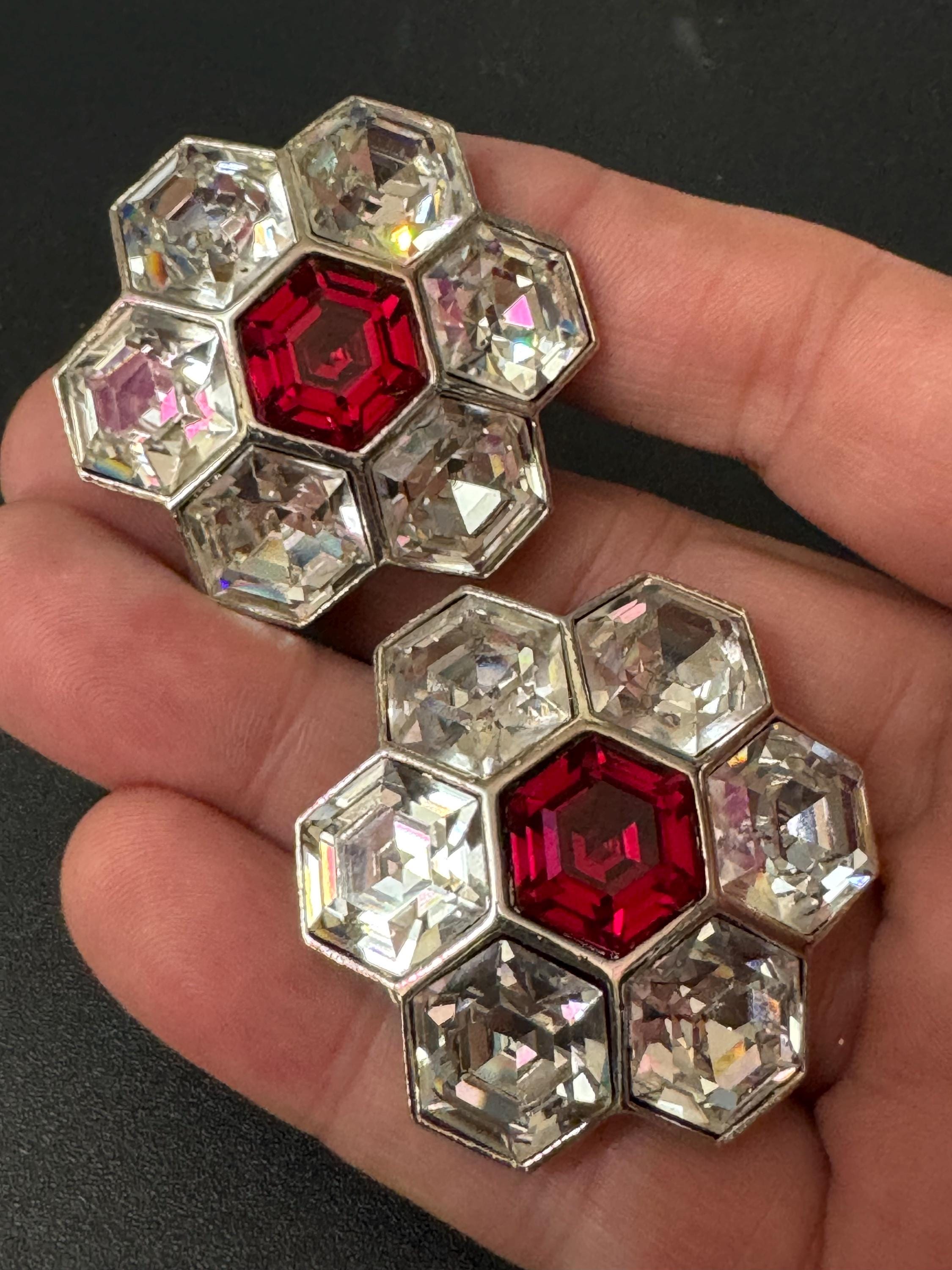 vintage oversized 4cm silver tone ruby red  and clear Swarovski crystal hexagon earrings 1980s high end old shop stock