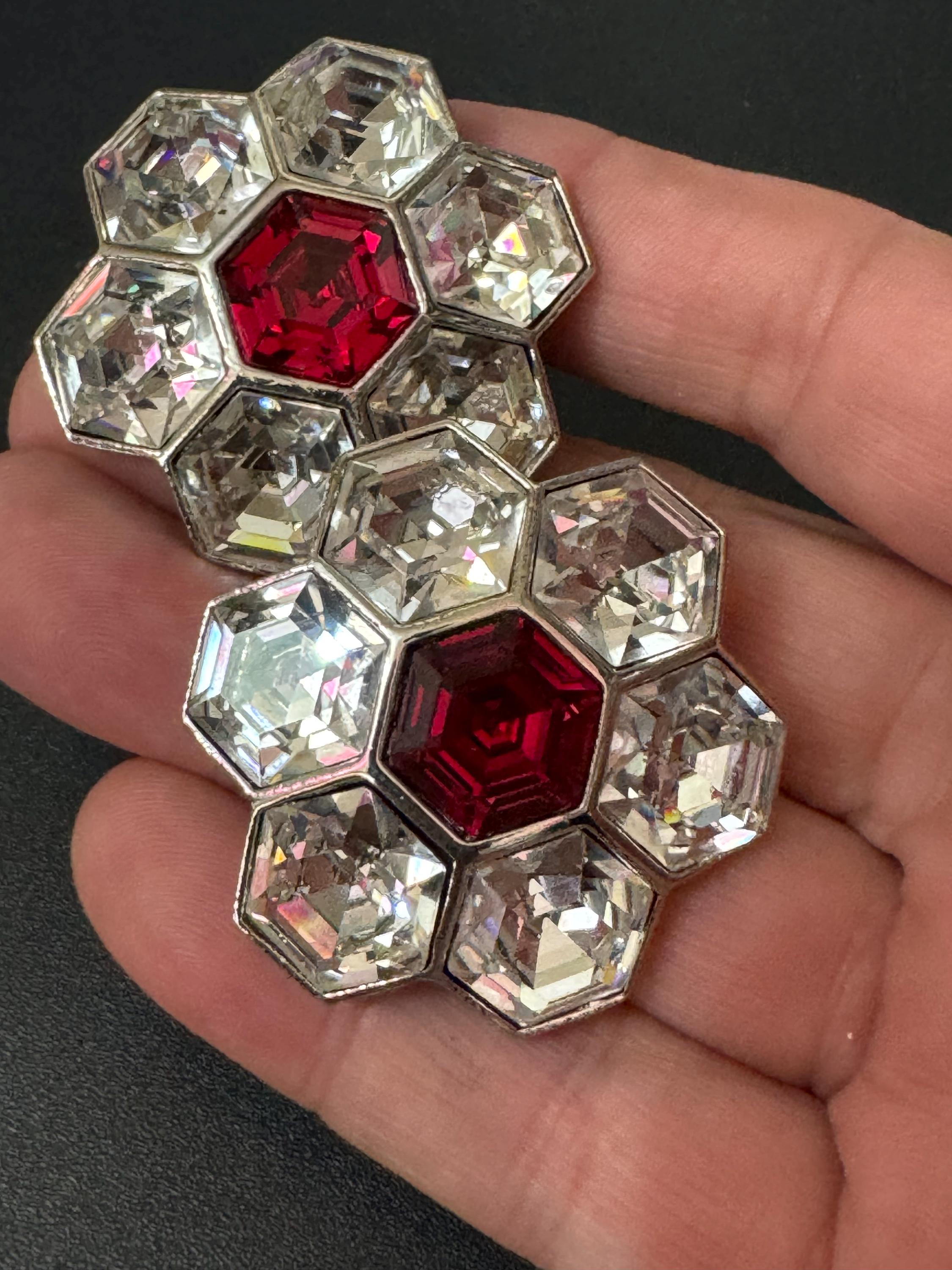 vintage oversized 4cm silver tone ruby red  and clear Swarovski crystal hexagon earrings 1980s high end old shop stock