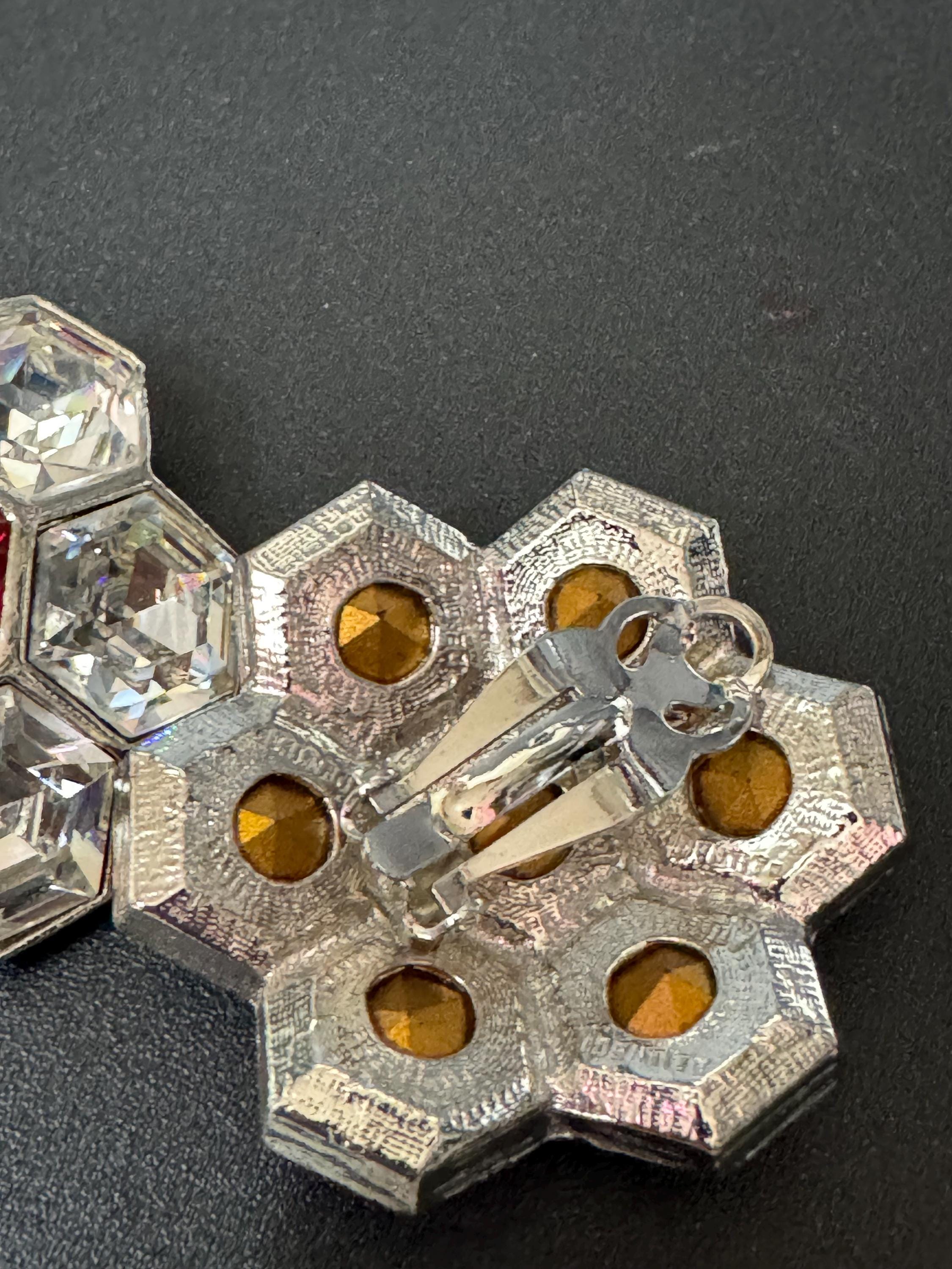 vintage oversized 4cm silver tone ruby red  and clear Swarovski crystal hexagon earrings 1980s high end old shop stock