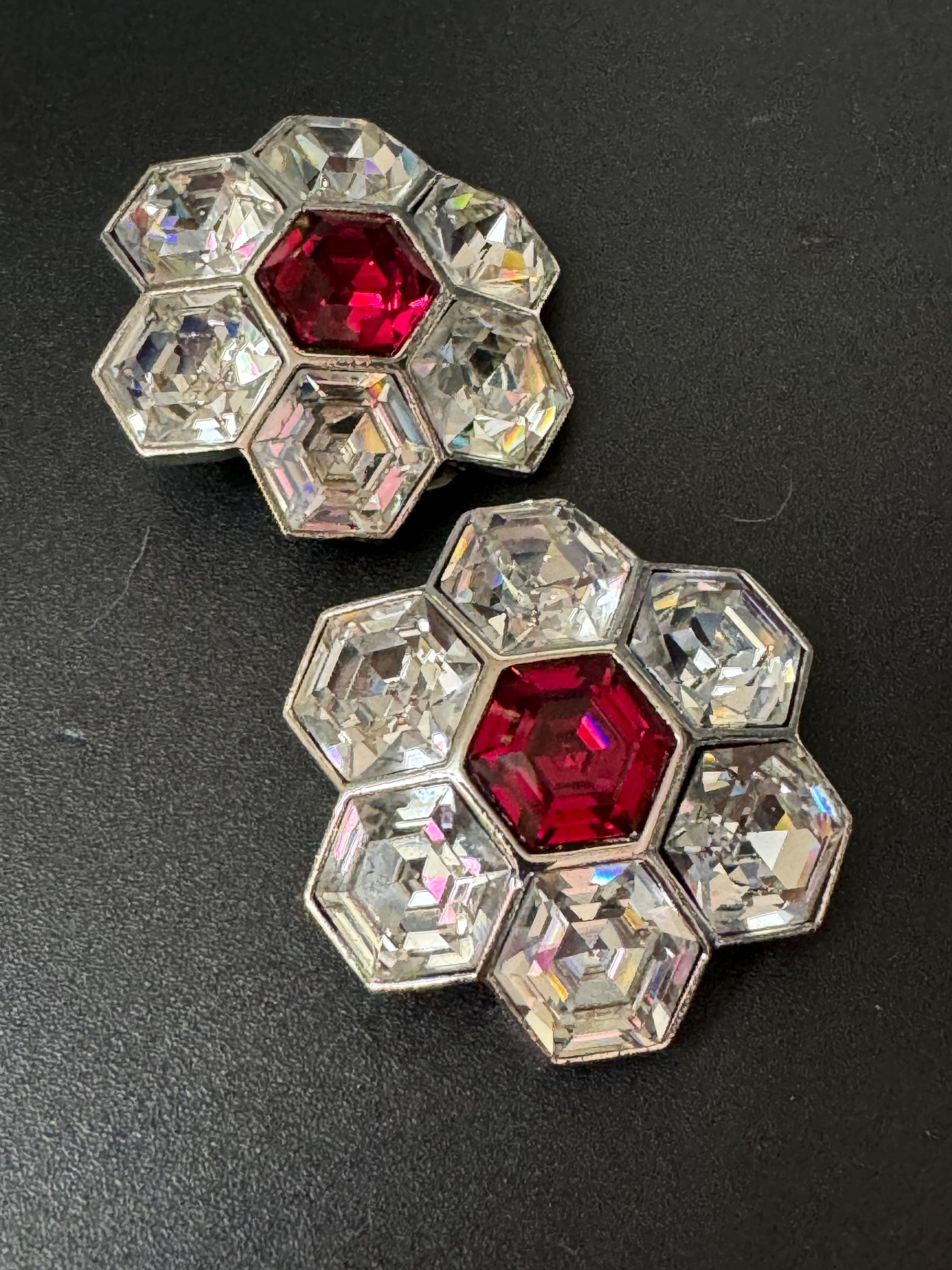 vintage oversized 4cm silver tone ruby red  and clear Swarovski crystal hexagon earrings 1980s high end old shop stock