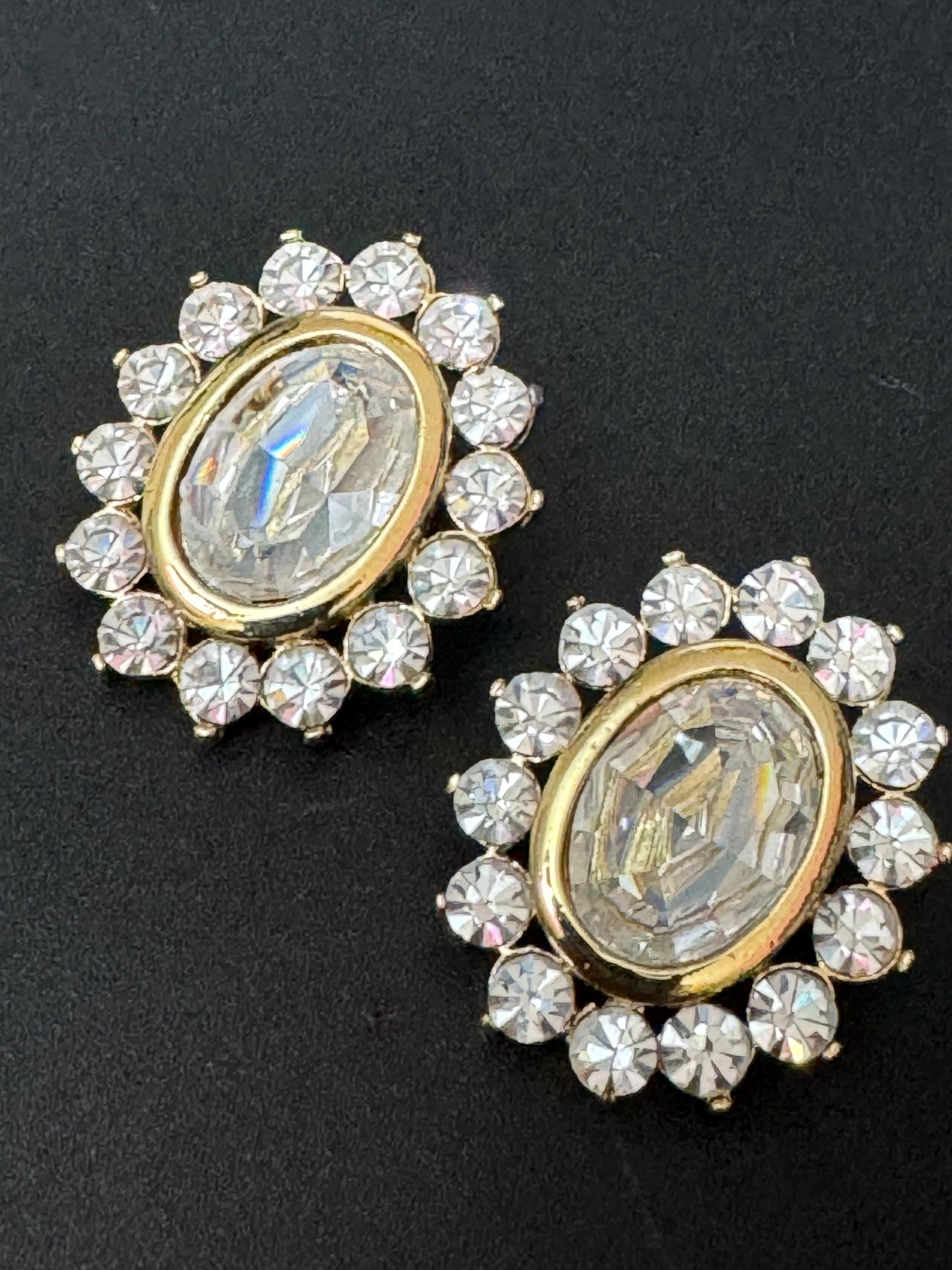 vintage oversized gold tone clear pair citrine Swarovski crystal oval earrings 1980s old shop stock
