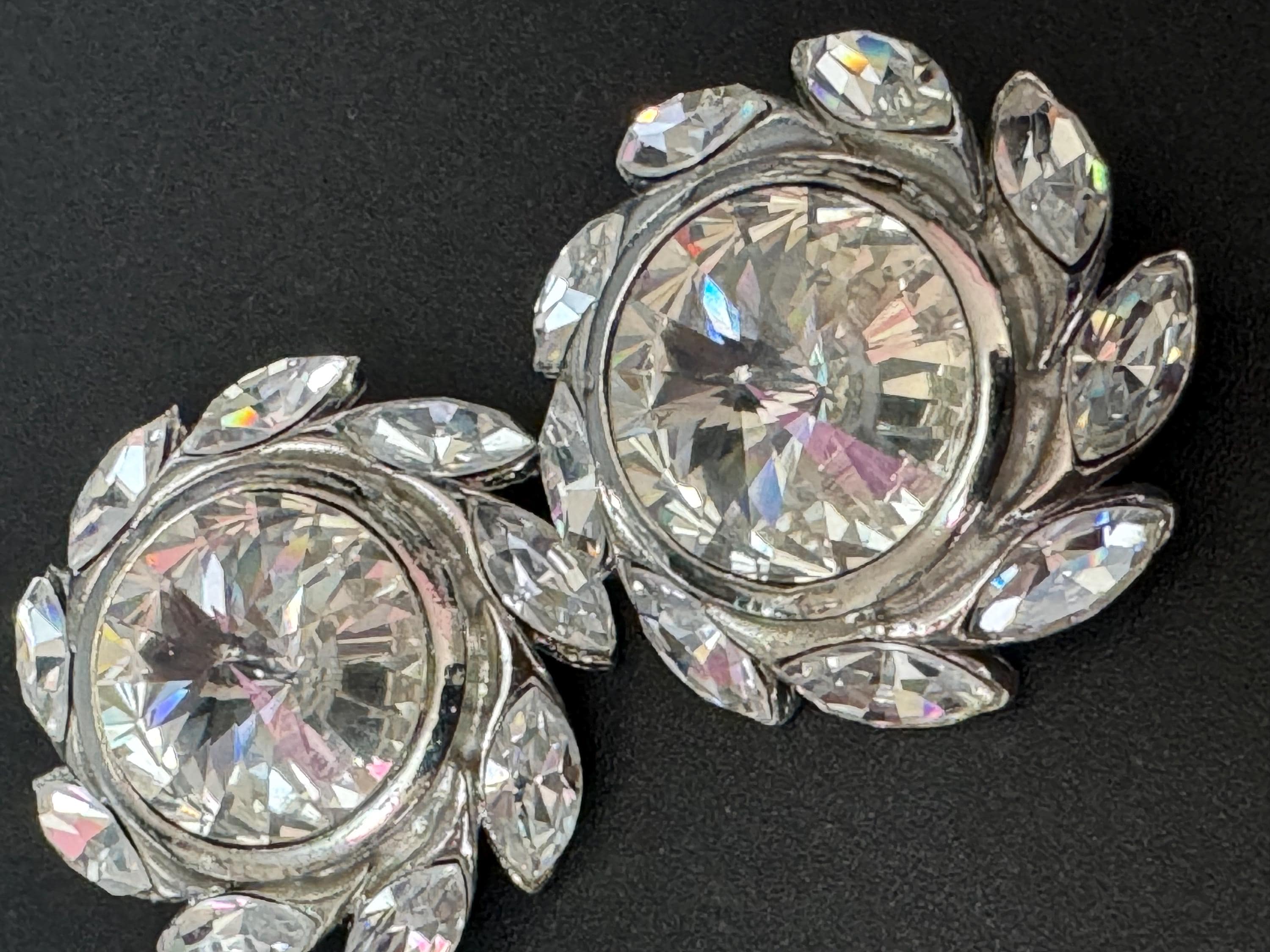 oversized 3.5cm silver tone Round Rivoli and clear Navette Swarovski crystal big stud earrings 1980s old shop stock