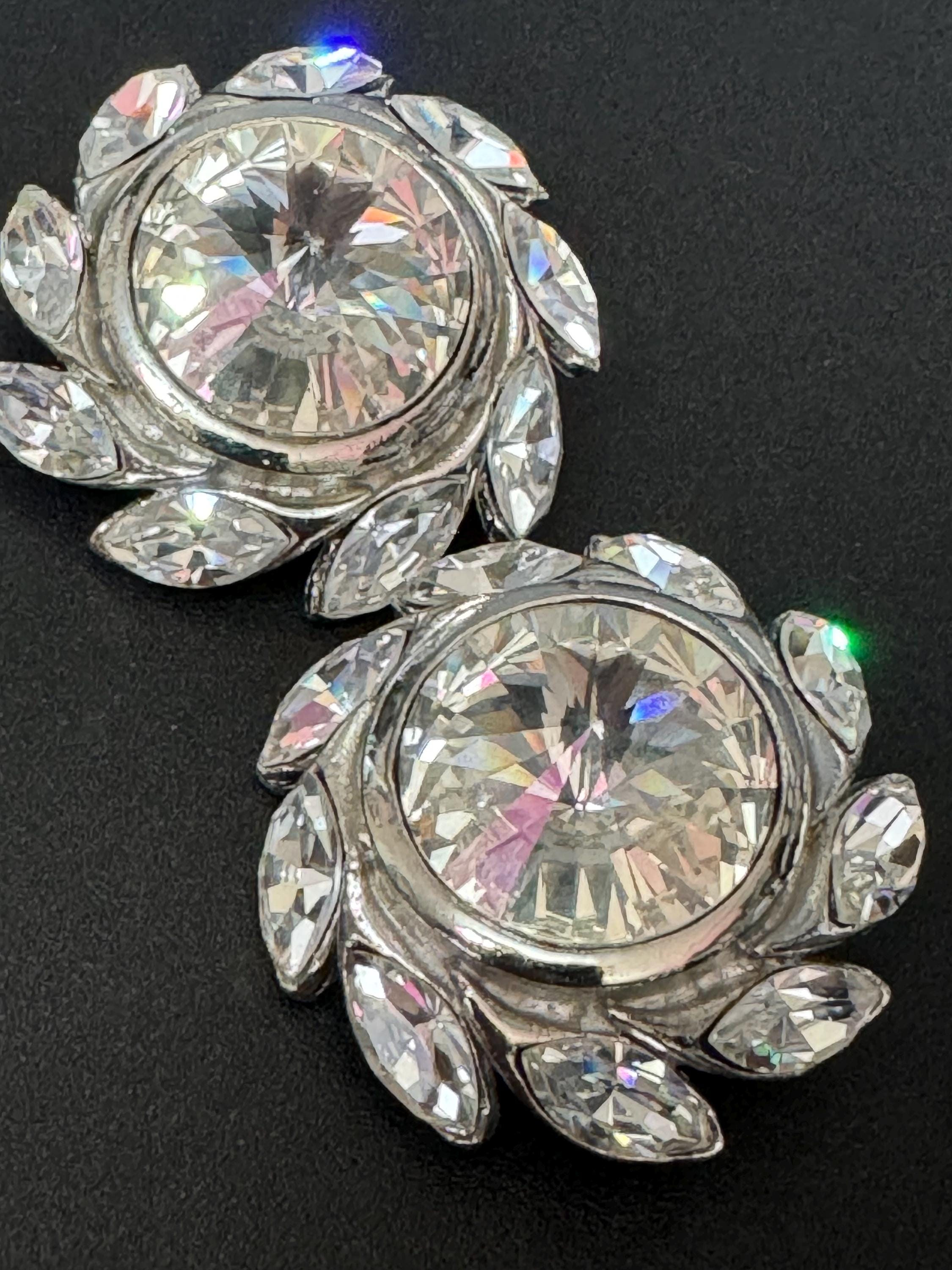 oversized 3.5cm silver tone Round Rivoli and clear Navette Swarovski crystal big stud earrings 1980s old shop stock