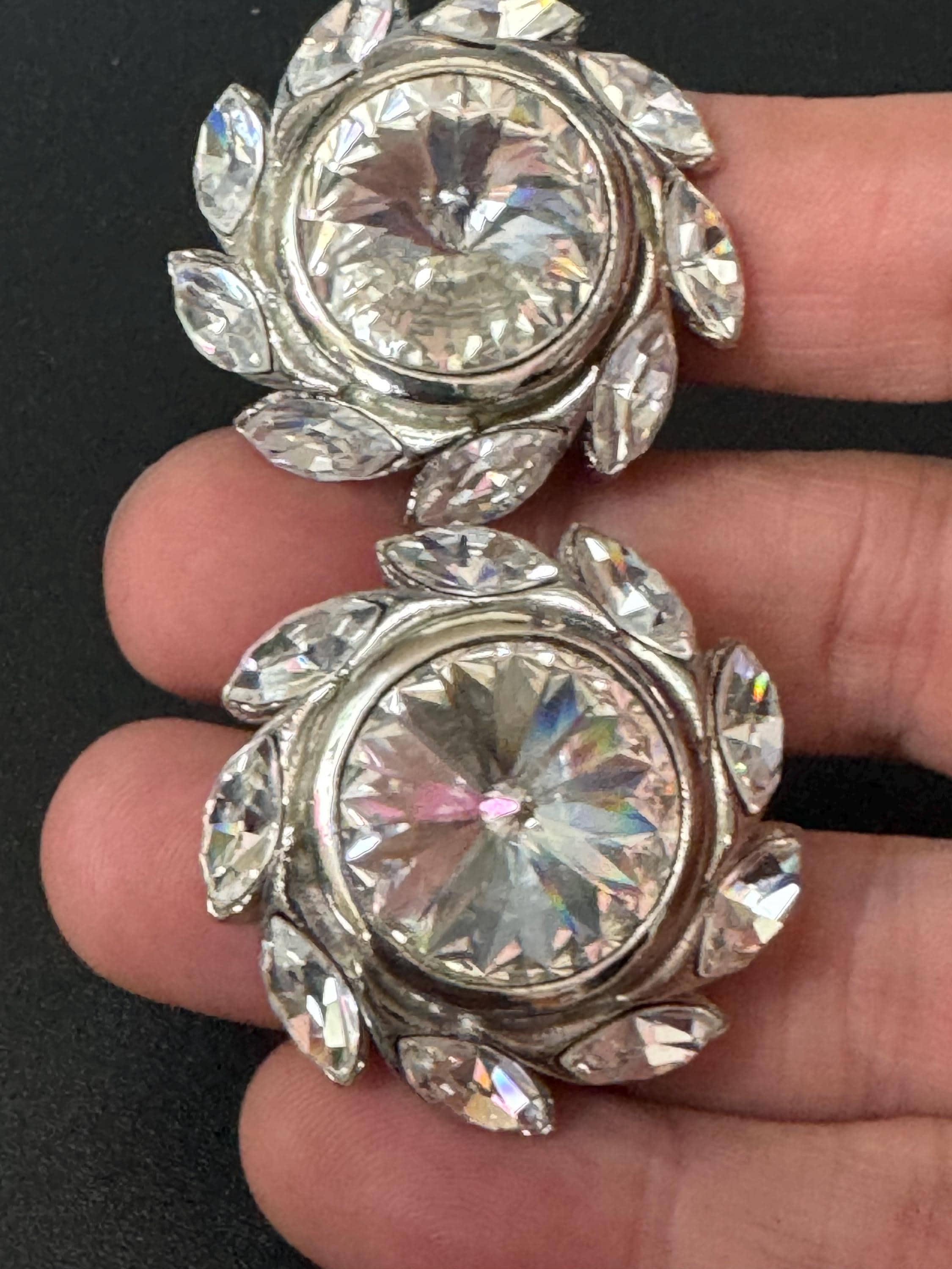 oversized 3.5cm silver tone Round Rivoli and clear Navette Swarovski crystal big stud earrings 1980s old shop stock