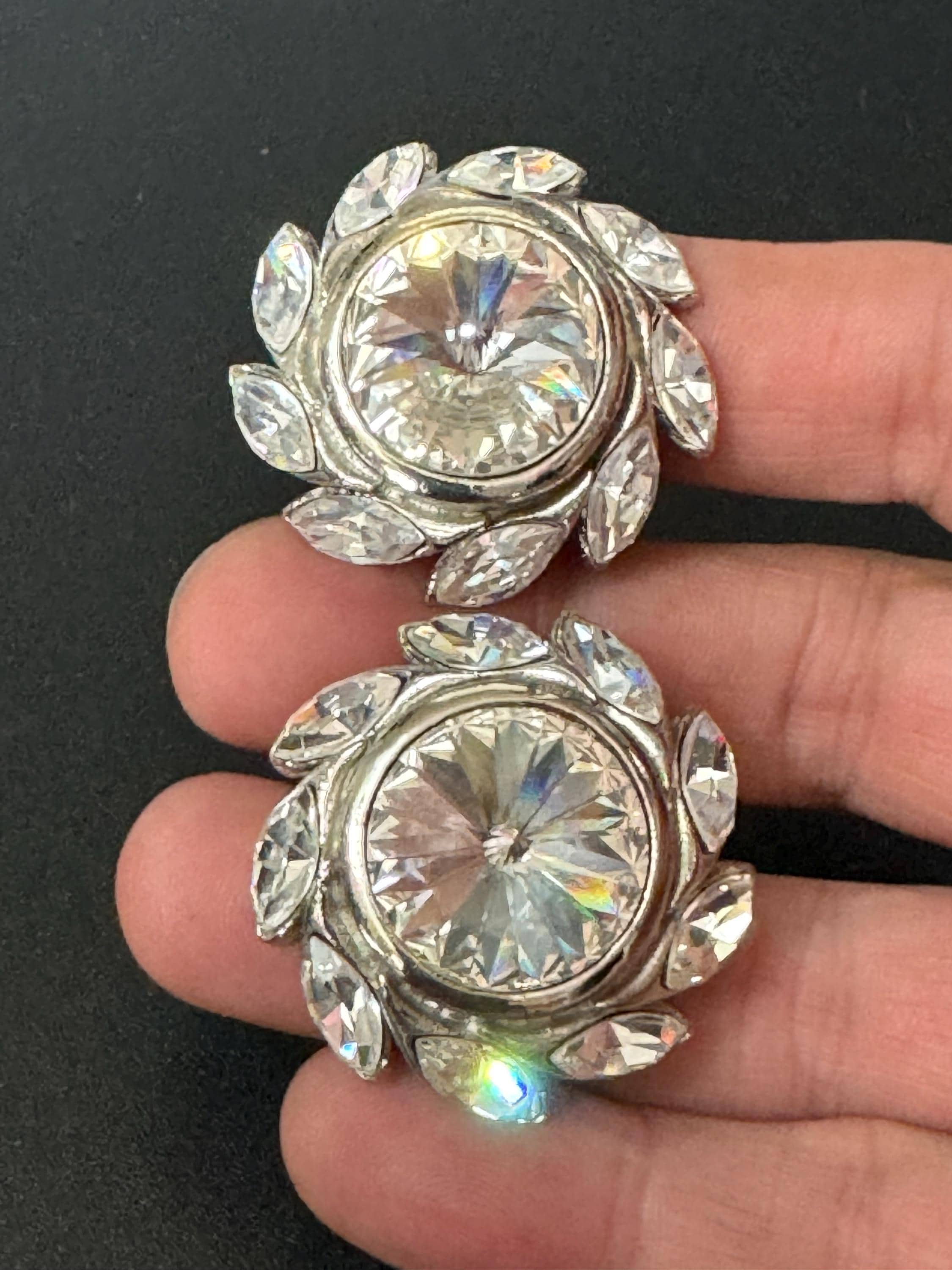 oversized 3.5cm silver tone Round Rivoli and clear Navette Swarovski crystal big stud earrings 1980s old shop stock