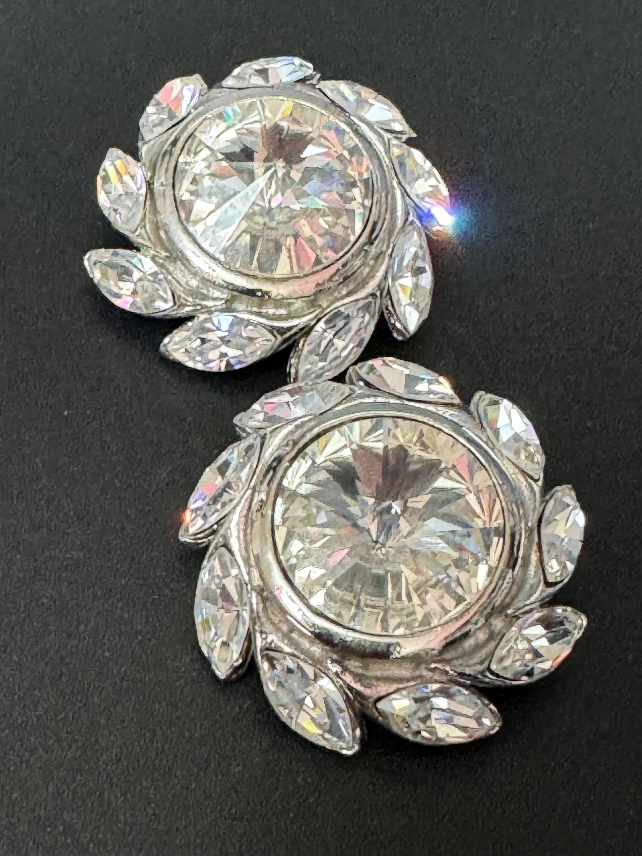 oversized 3.5cm silver tone Round Rivoli and clear Navette Swarovski crystal big stud earrings 1980s old shop stock