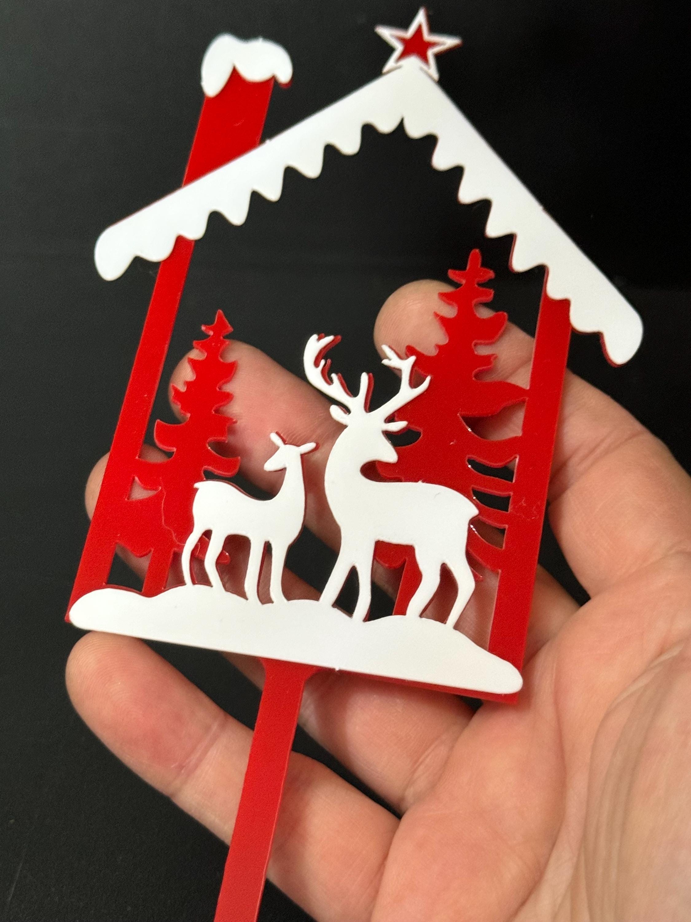 Decorate your own Red acrylic Nordic reindeer snow scene Christmas Cake Topper plastic reusable kit