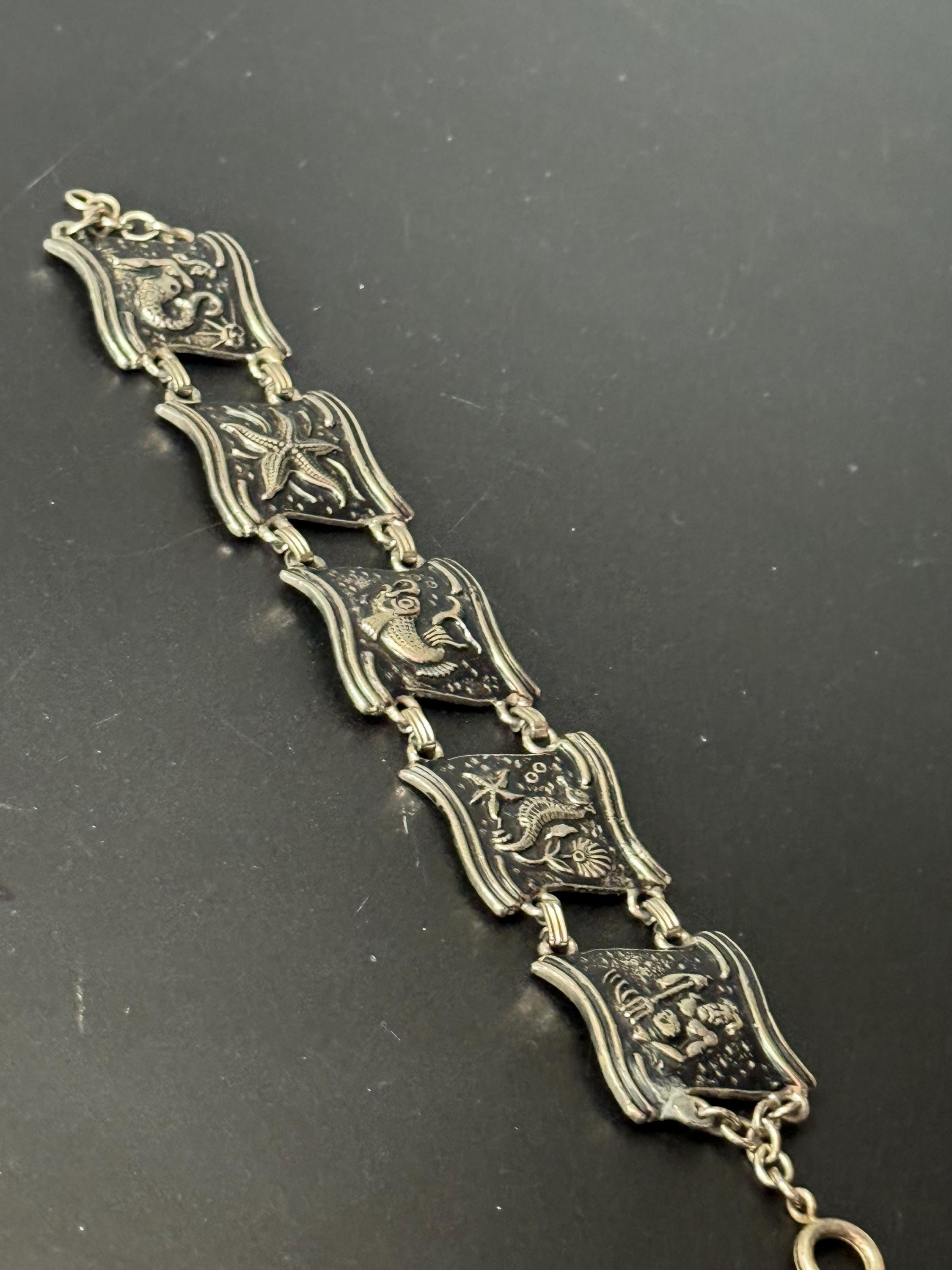 vintage 1970s Silver tone chunky panel link wide bracelet fish seahorse starfish designs