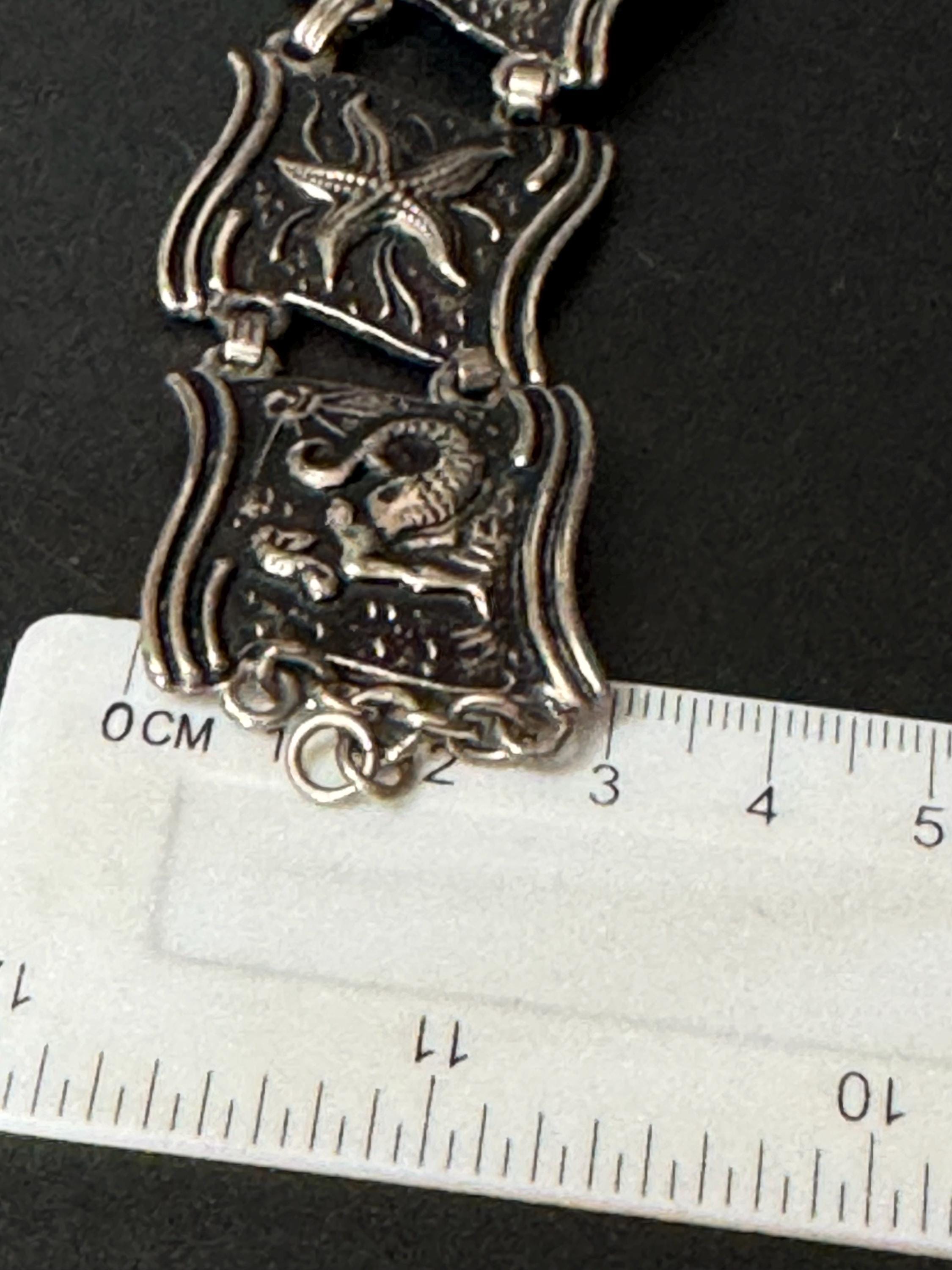 vintage 1970s Silver tone chunky panel link wide bracelet fish seahorse starfish designs