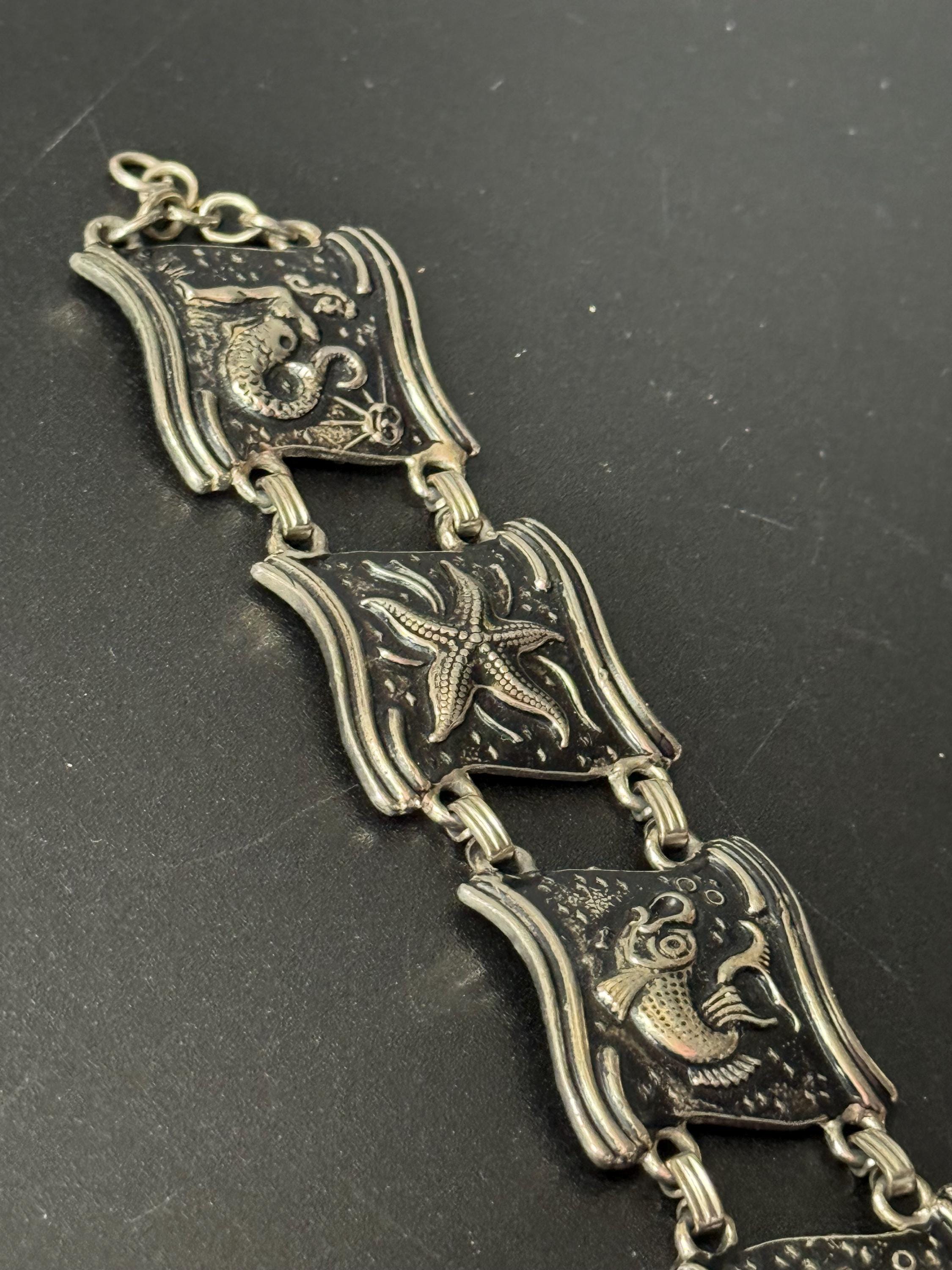 vintage 1970s Silver tone chunky panel link wide bracelet fish seahorse starfish designs