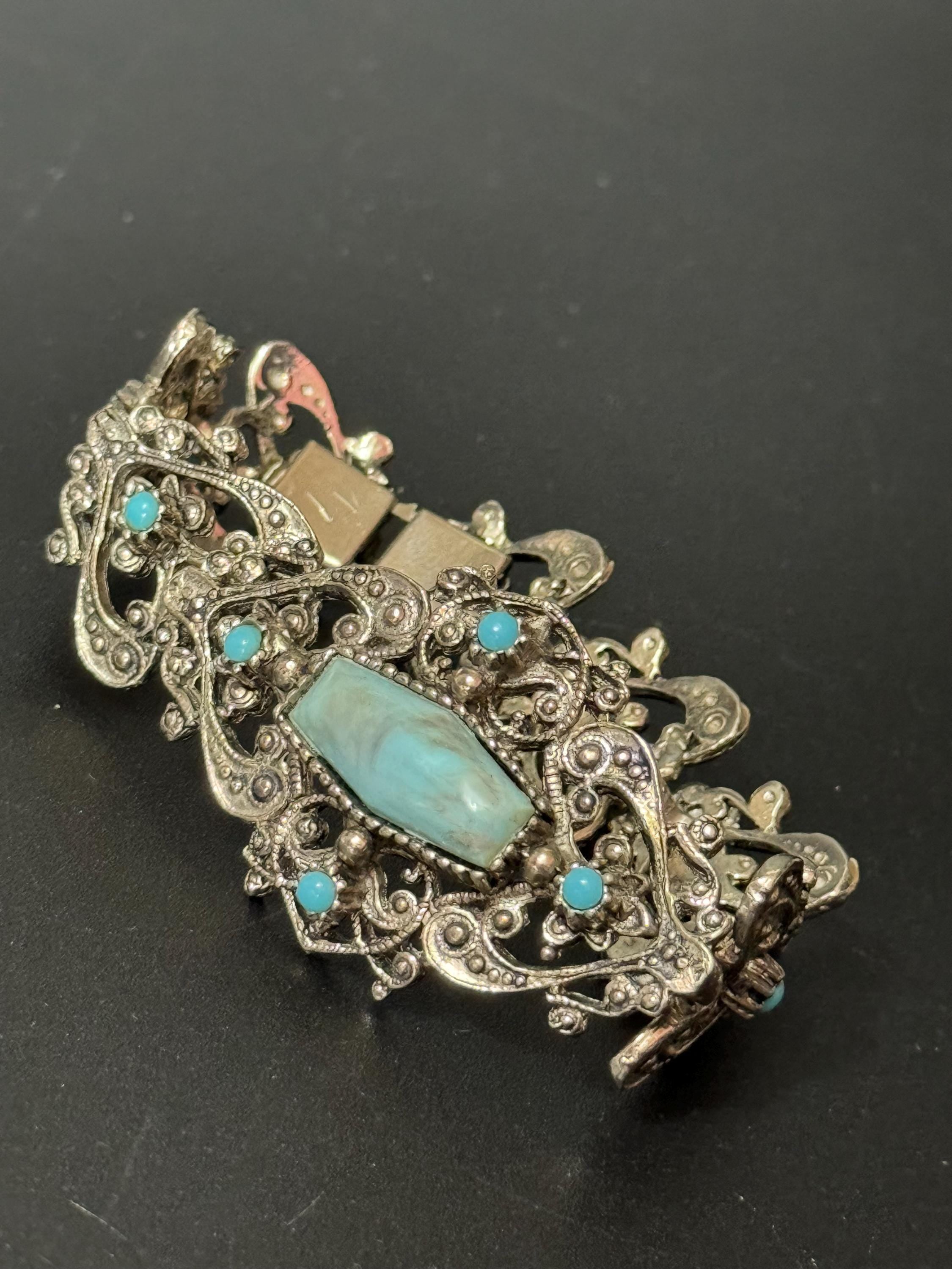Brutalist silver tone blue faux turquoise gemstone cabochon steel textured bracelet 1970s modernist