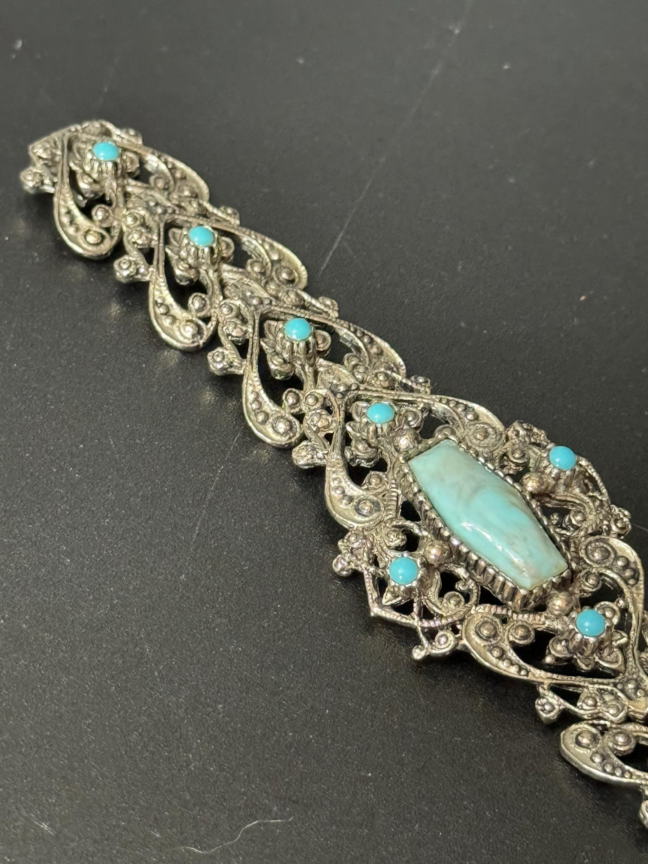 Brutalist silver tone blue faux turquoise gemstone cabochon steel textured bracelet 1970s modernist