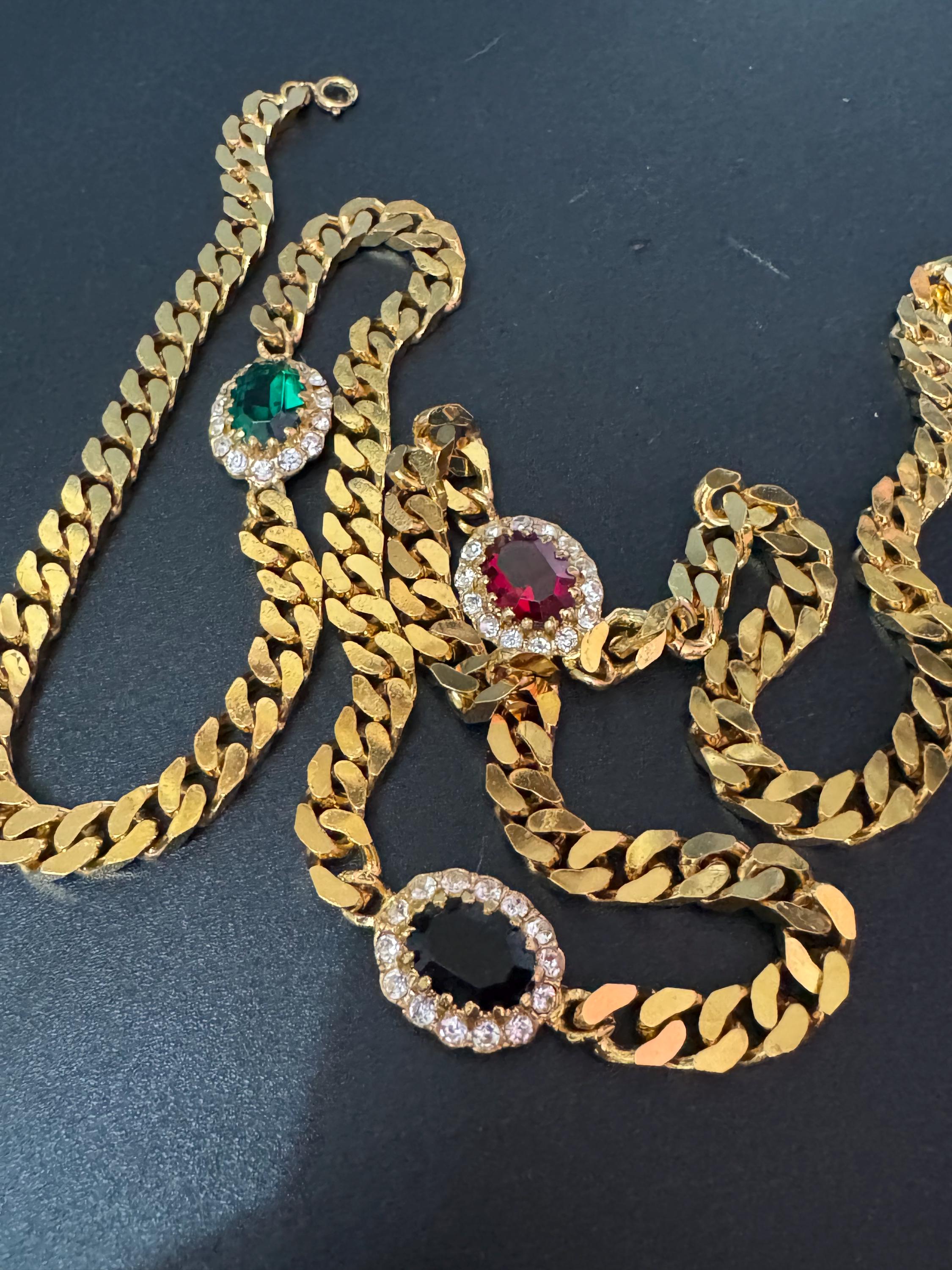 Vintage emerald green , ruby red and sapphire blue genuine Swarovski crystal long gold tone chain station necklace 77cm