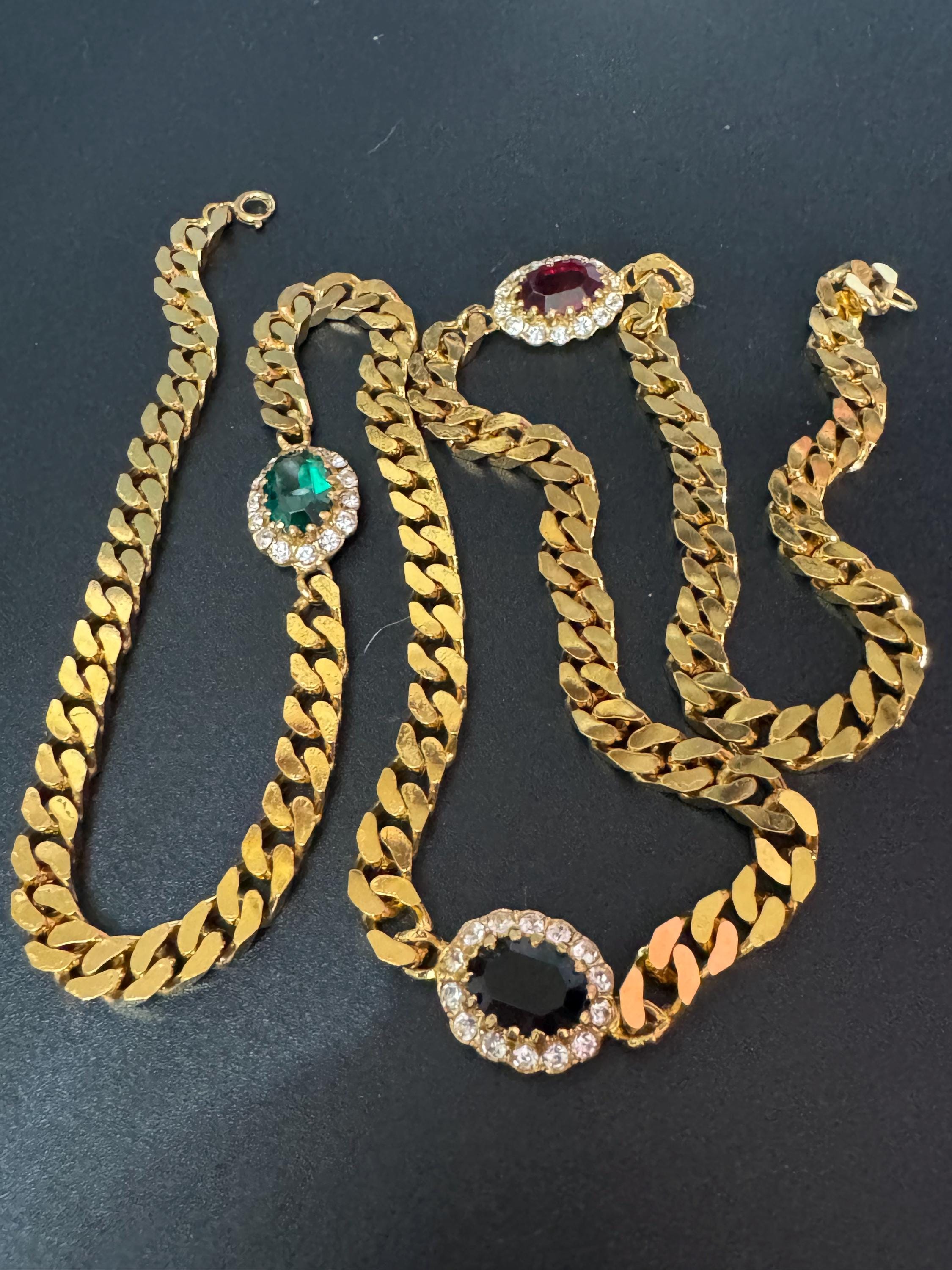 Vintage emerald green , ruby red and sapphire blue genuine Swarovski crystal long gold tone chain station necklace 77cm