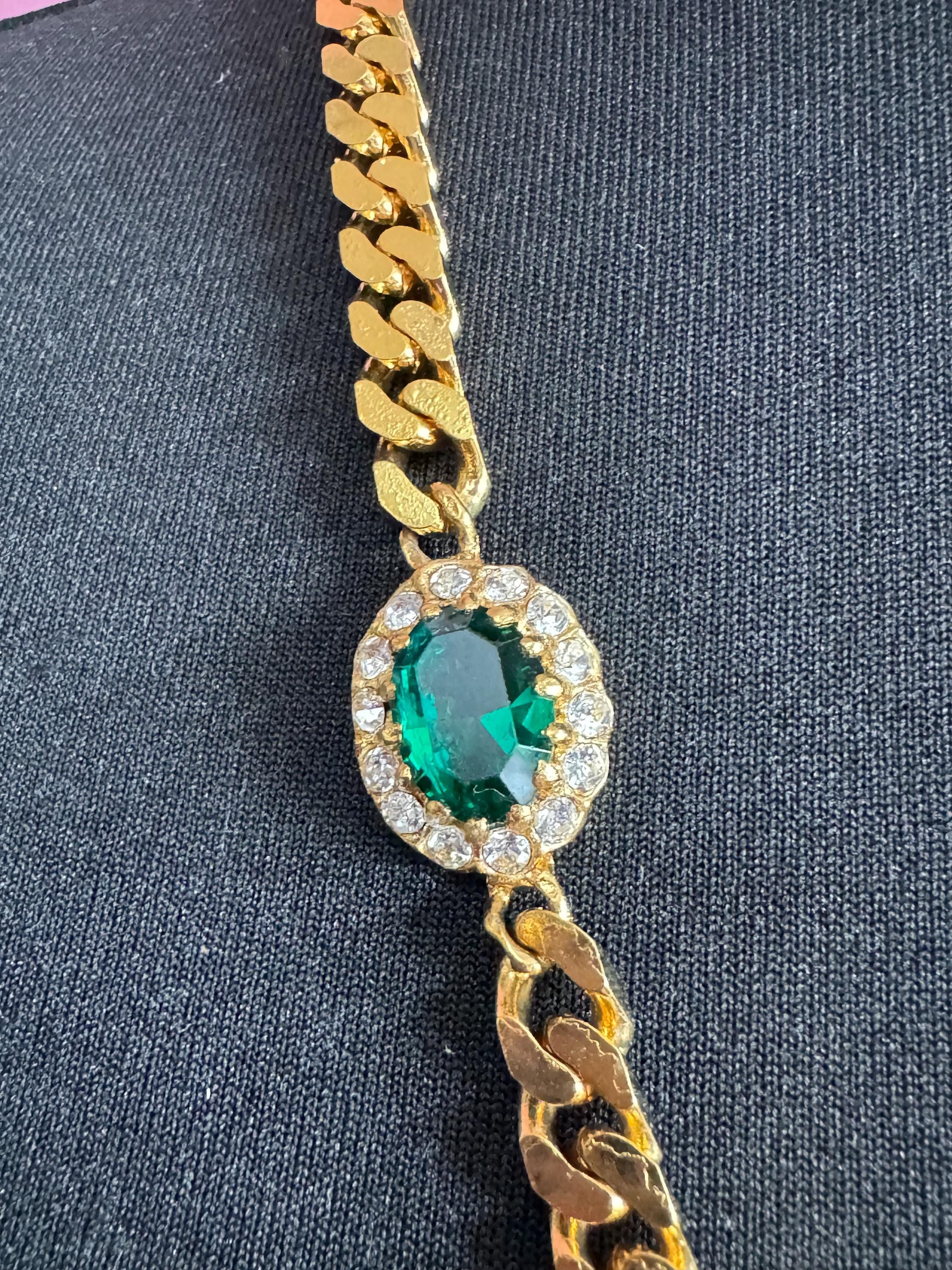 Vintage emerald green , ruby red and sapphire blue genuine Swarovski crystal long gold tone chain station necklace 77cm