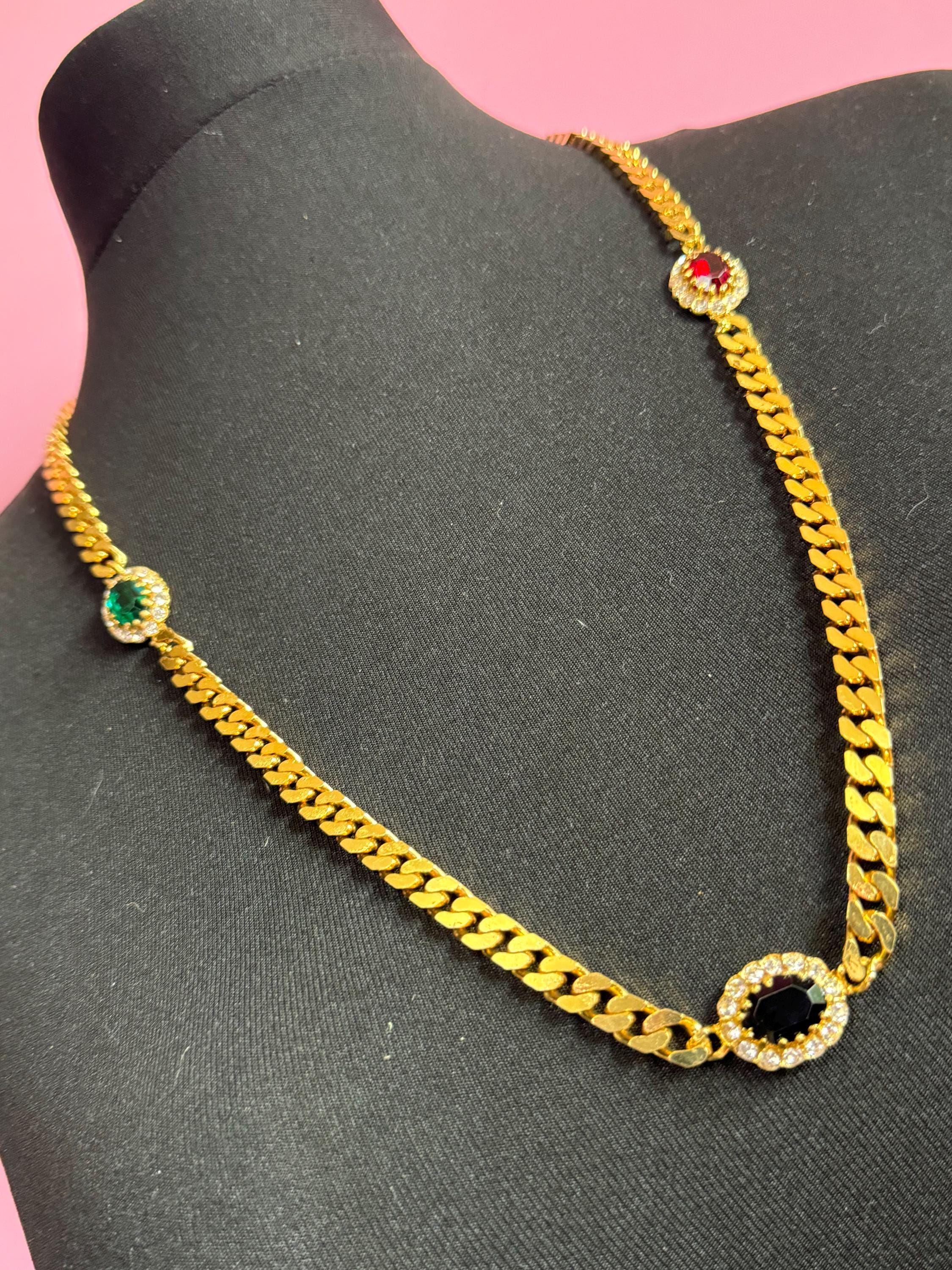 Vintage emerald green , ruby red and sapphire blue genuine Swarovski crystal long gold tone chain station necklace 77cm
