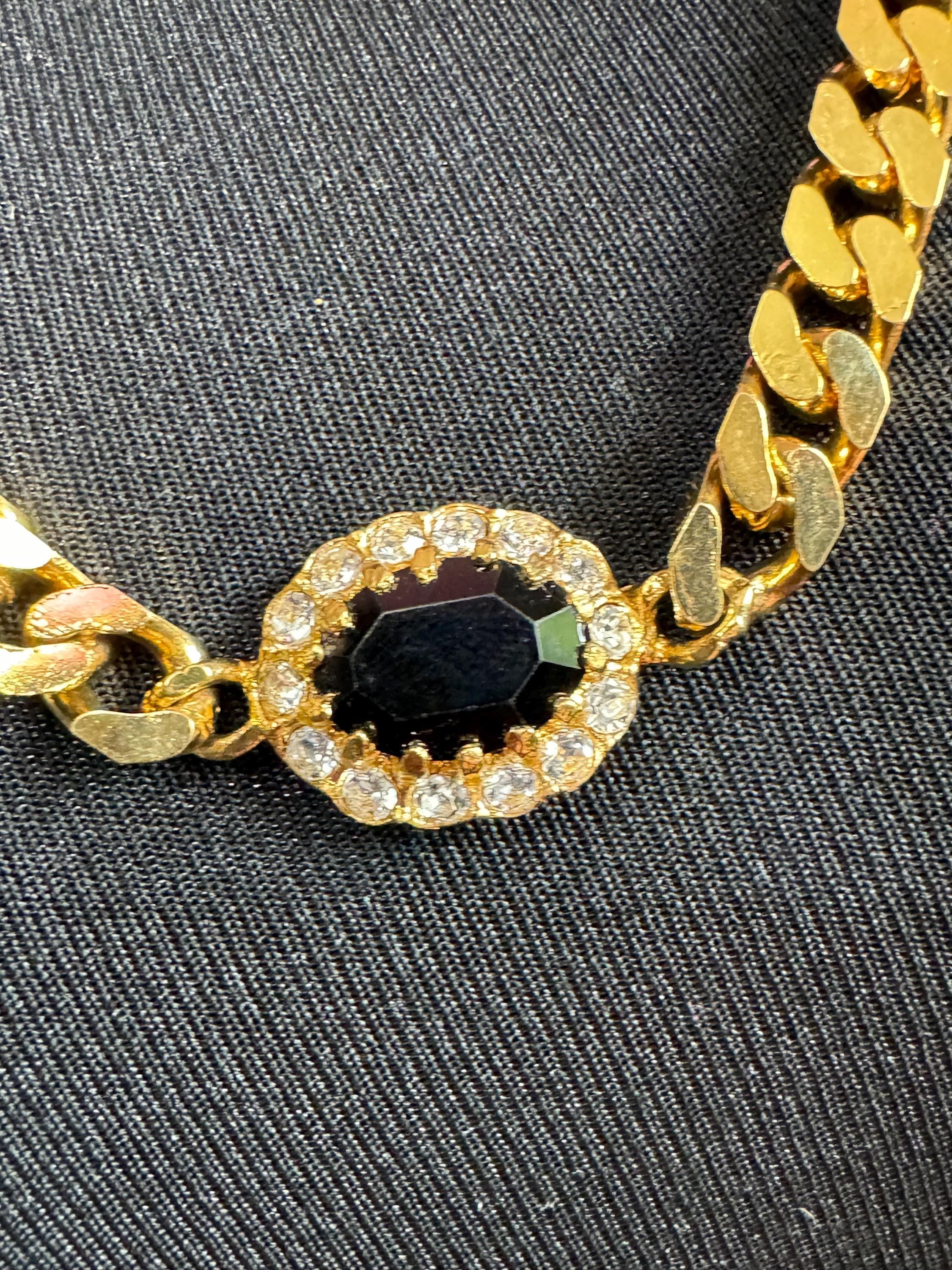 Vintage emerald green , ruby red and sapphire blue genuine Swarovski crystal long gold tone chain station necklace 77cm