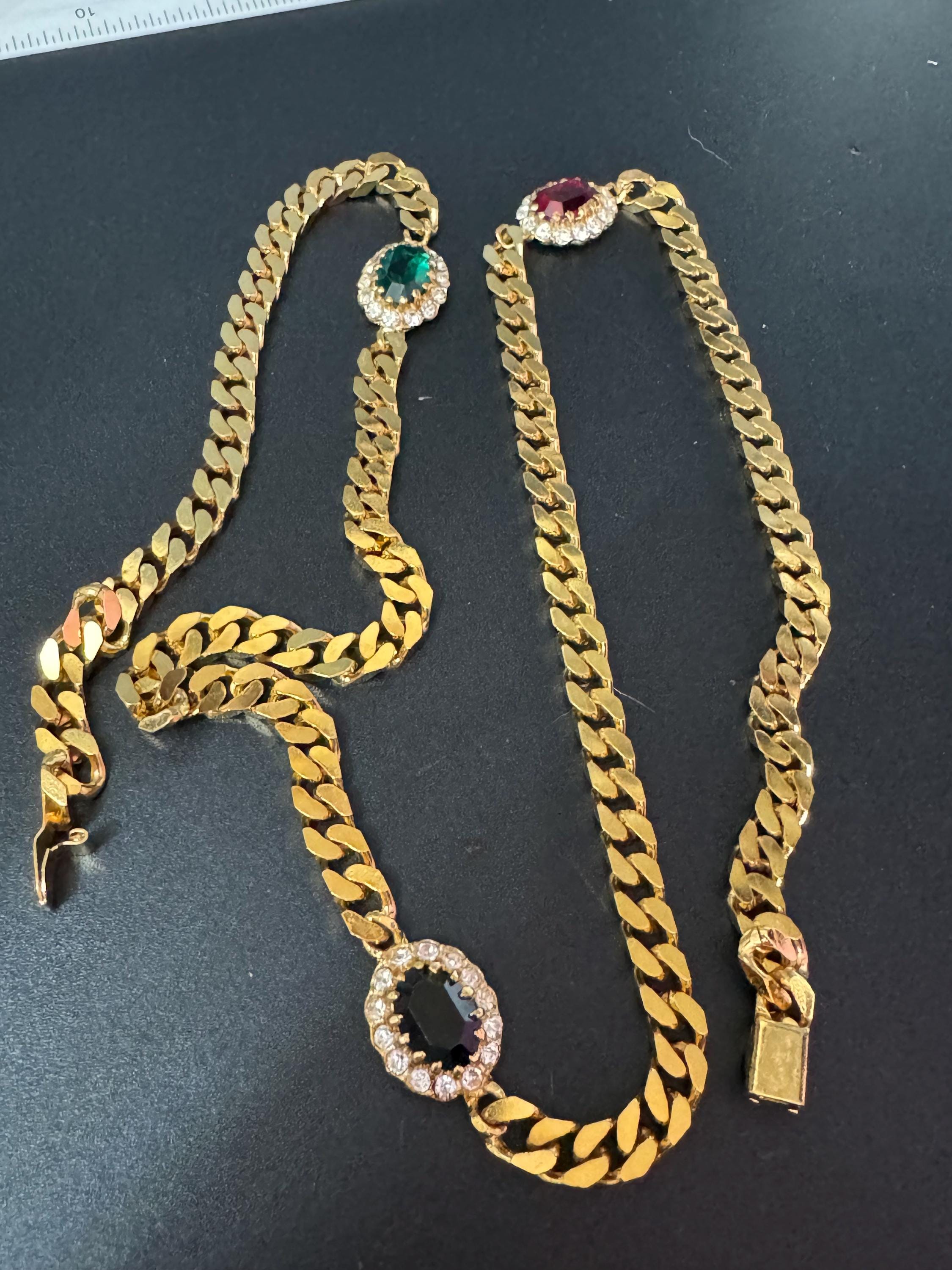 Vintage emerald green , ruby red and sapphire blue genuine Swarovski crystal long gold tone chain station necklace 80cm