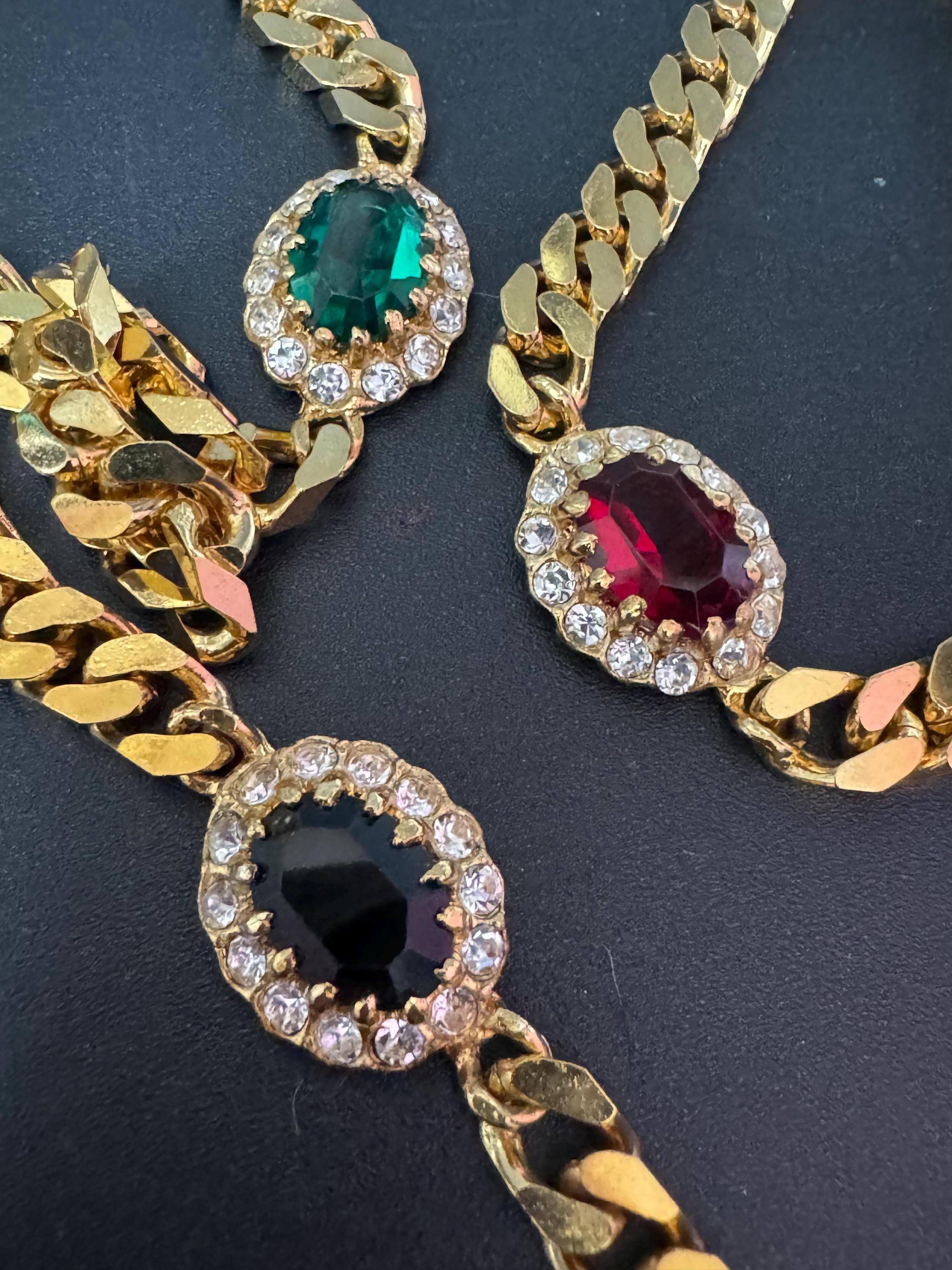 Vintage emerald green , ruby red and sapphire blue genuine Swarovski crystal long gold tone chain station necklace 80cm