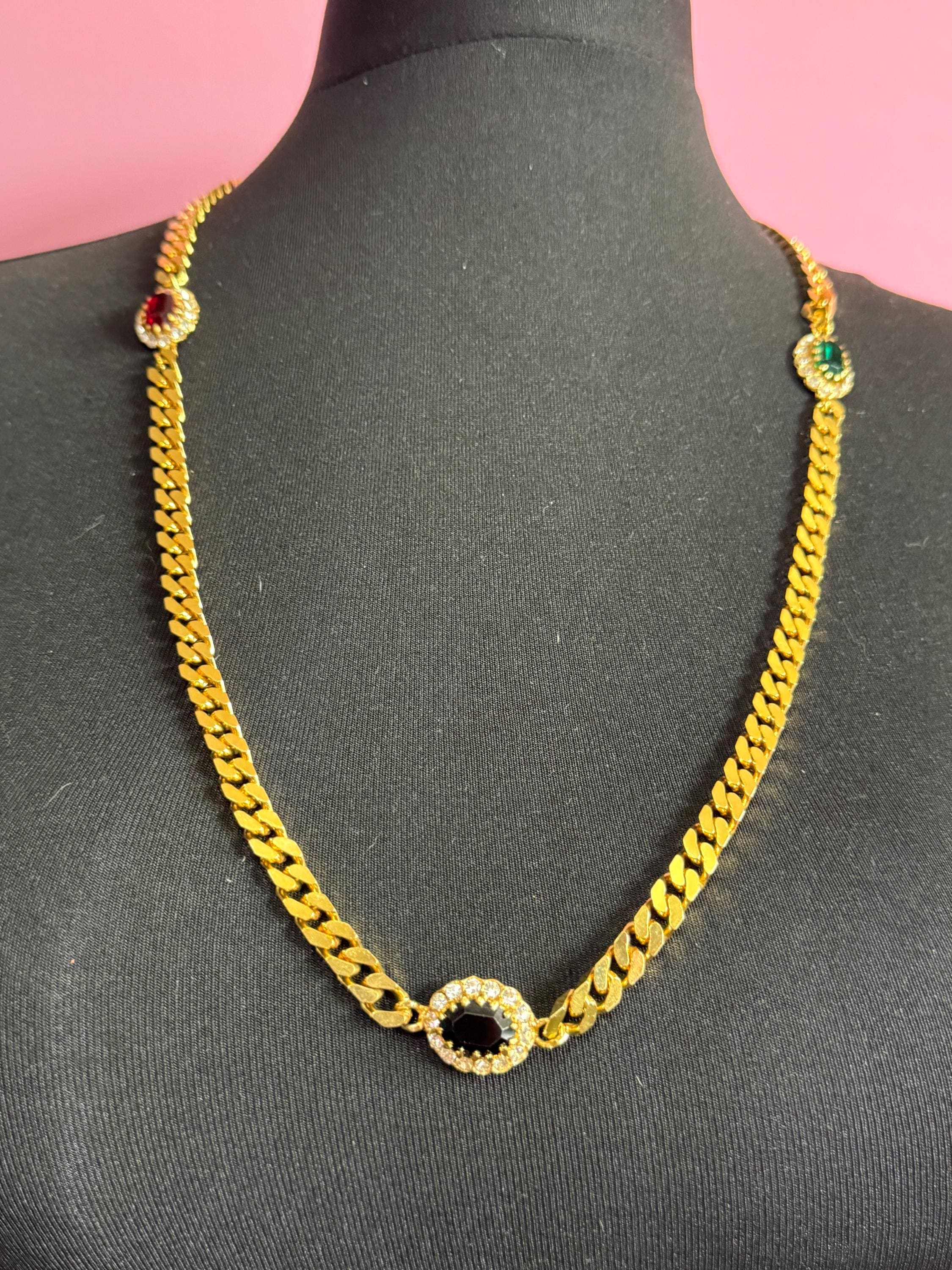 Vintage emerald green , ruby red and sapphire blue genuine Swarovski crystal long gold tone chain station necklace 80cm