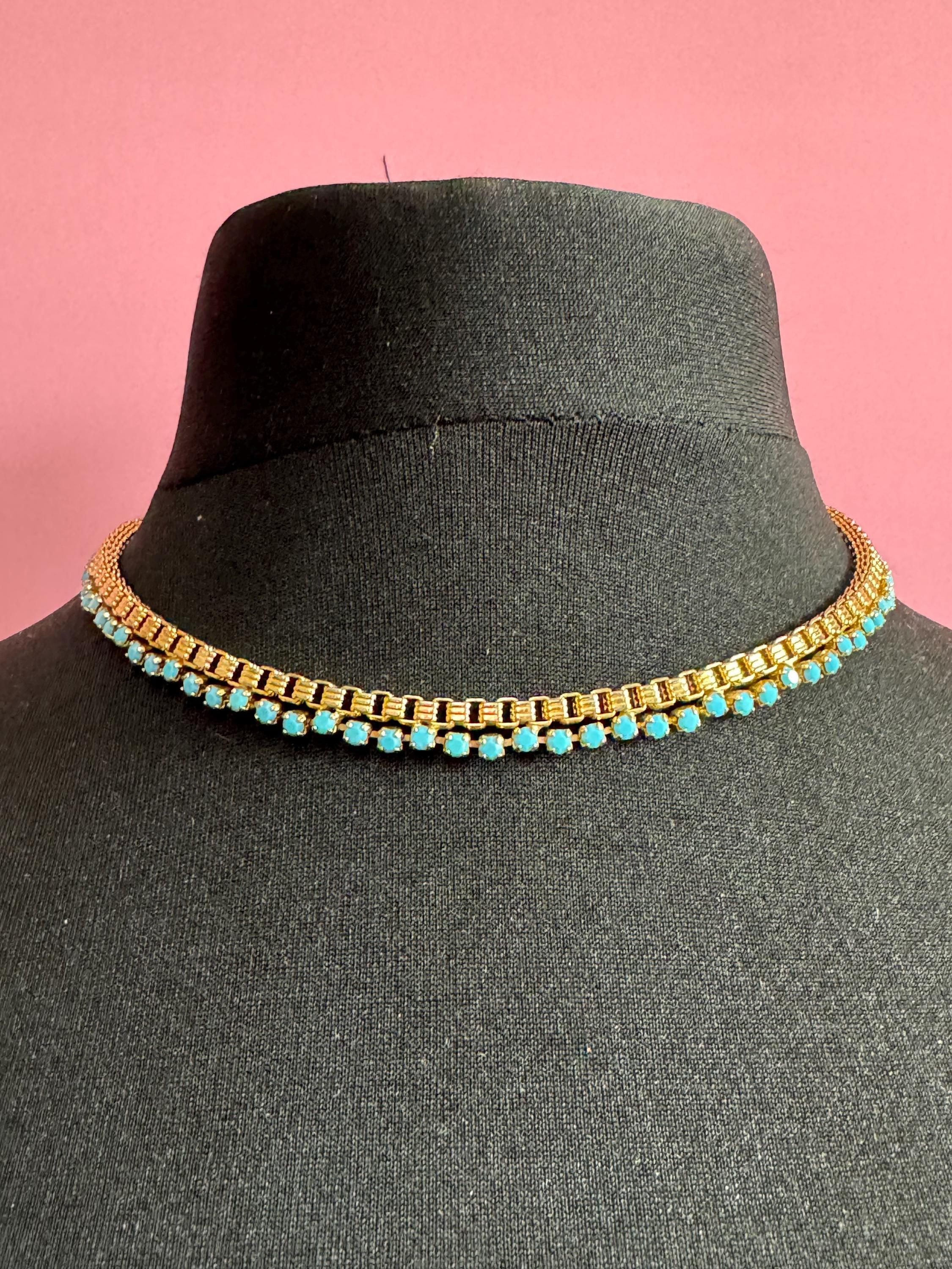 Wide mesh woven choker necklace with turquoise paste stones 1960s gold tone