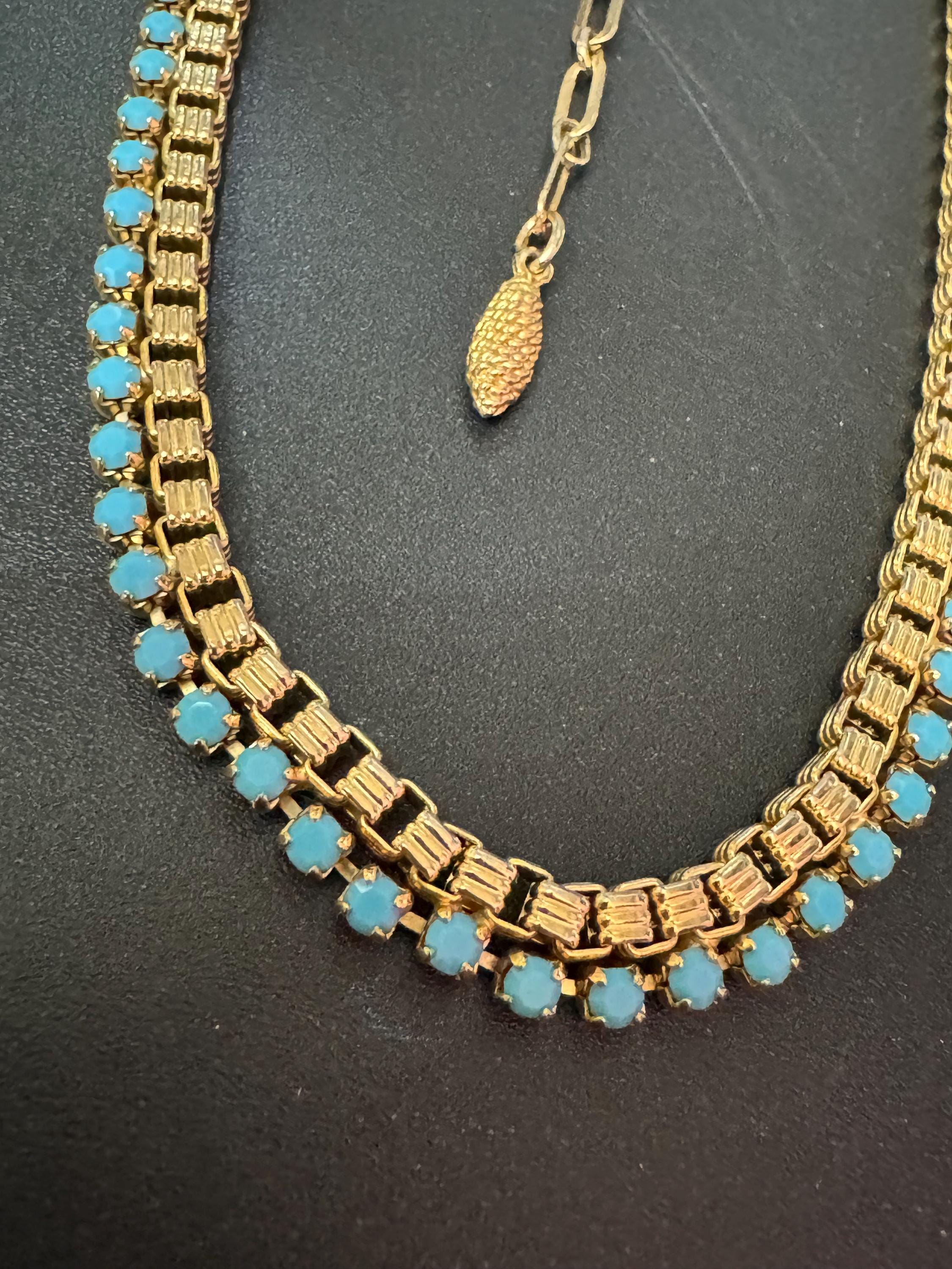 Wide mesh woven choker necklace with turquoise paste stones 1960s gold tone