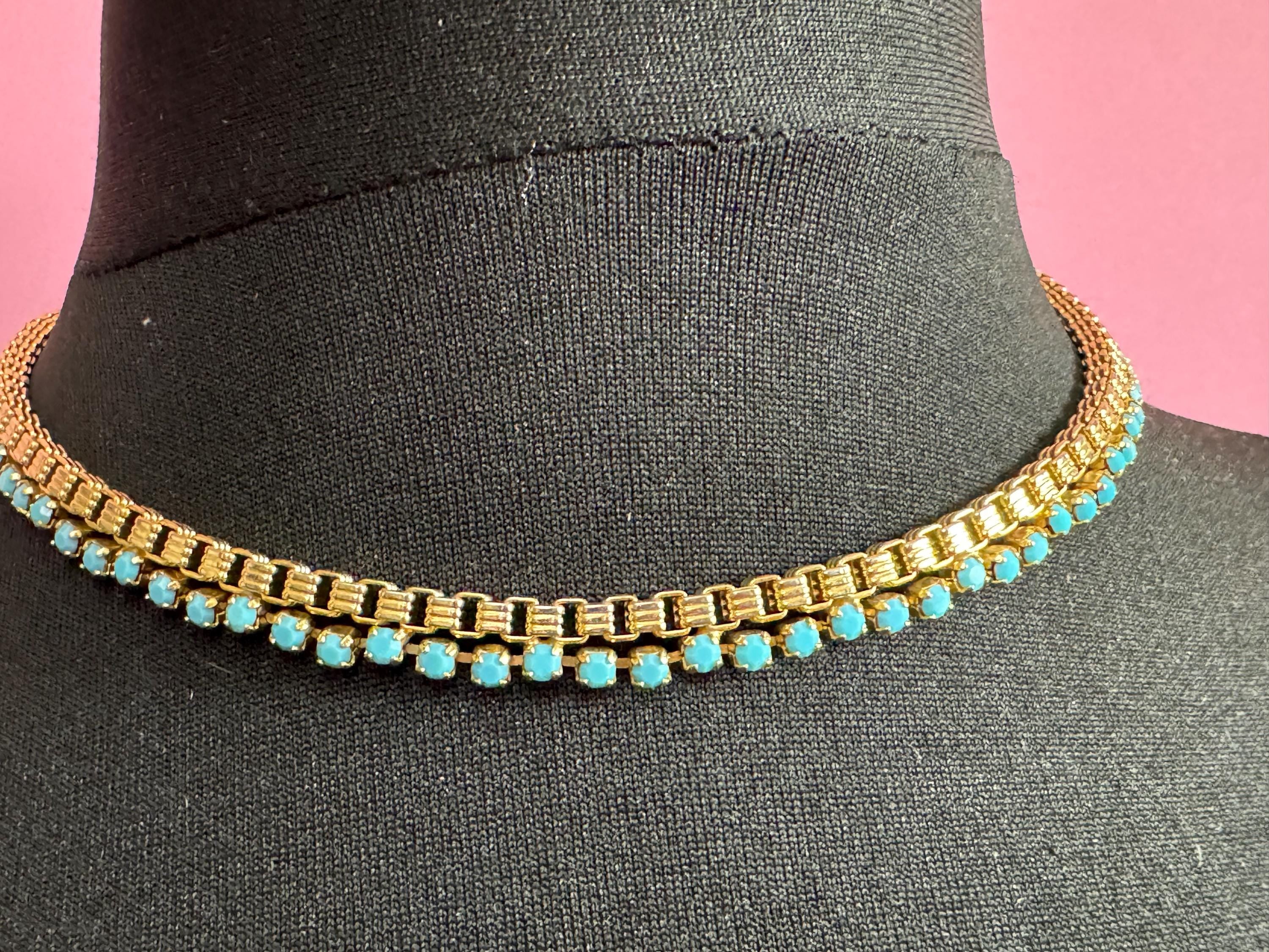 Wide mesh woven choker necklace with turquoise paste stones 1960s gold tone