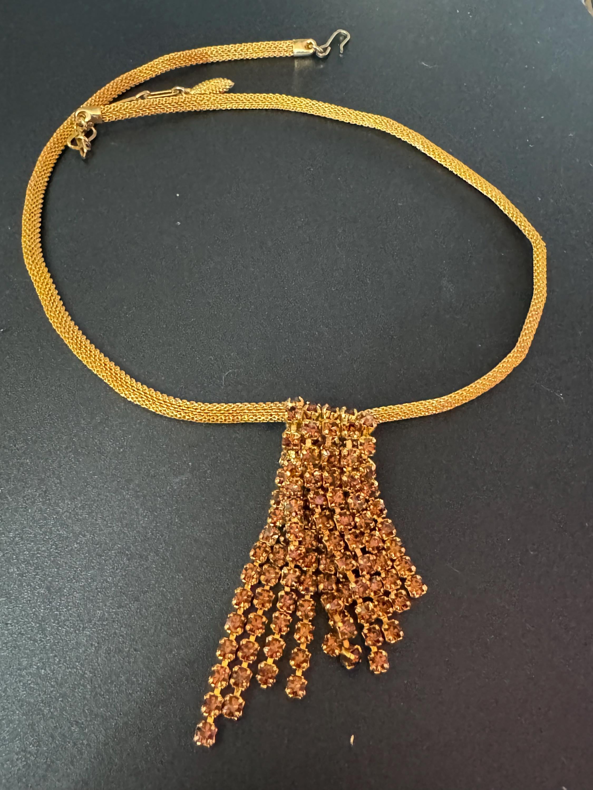 Vintage brown cognac glass diamanté rhinestone waterfall drop necklace gold tone