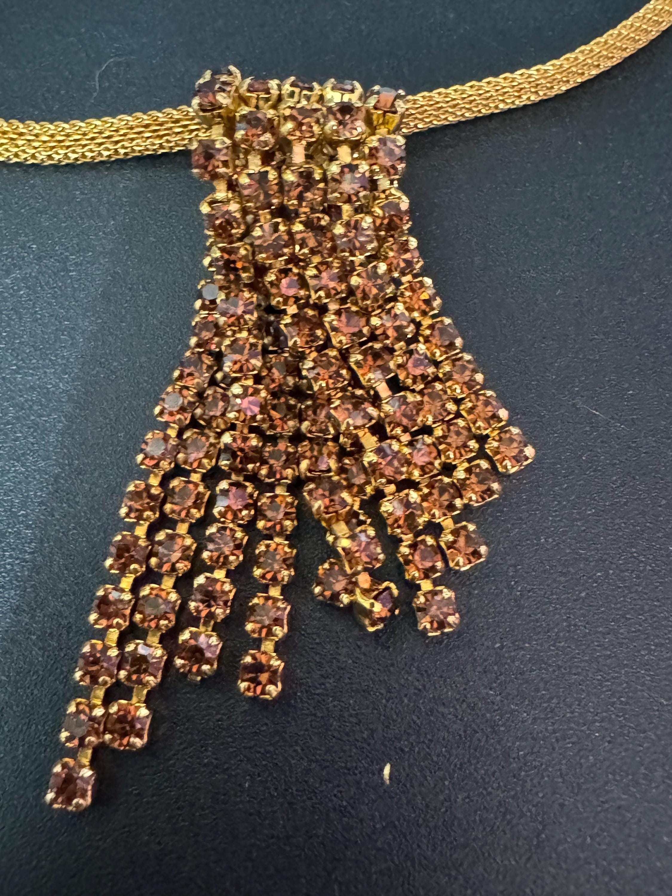 Vintage brown cognac glass diamanté rhinestone waterfall drop necklace gold tone