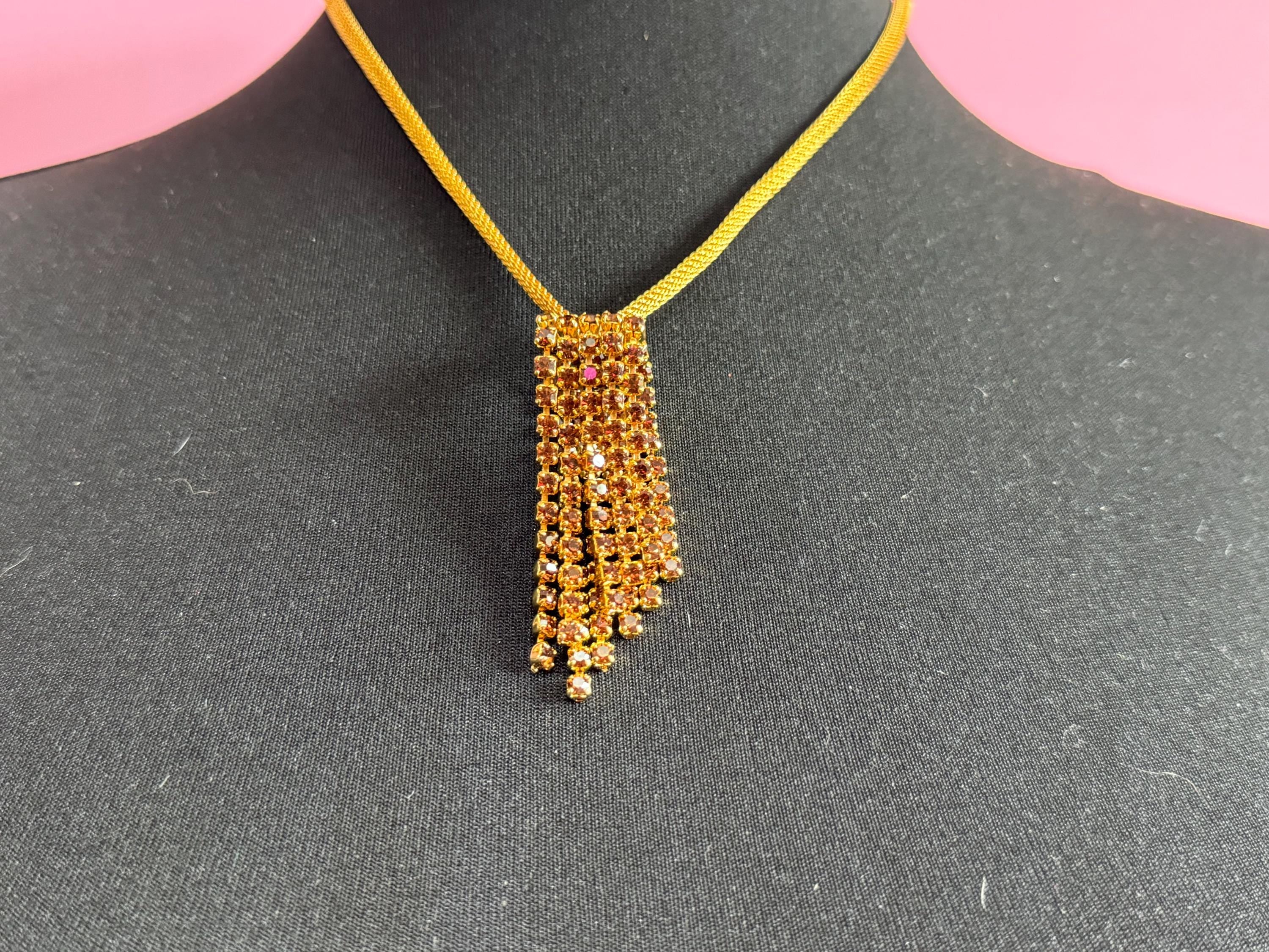 Vintage brown cognac glass diamanté rhinestone waterfall drop necklace gold tone